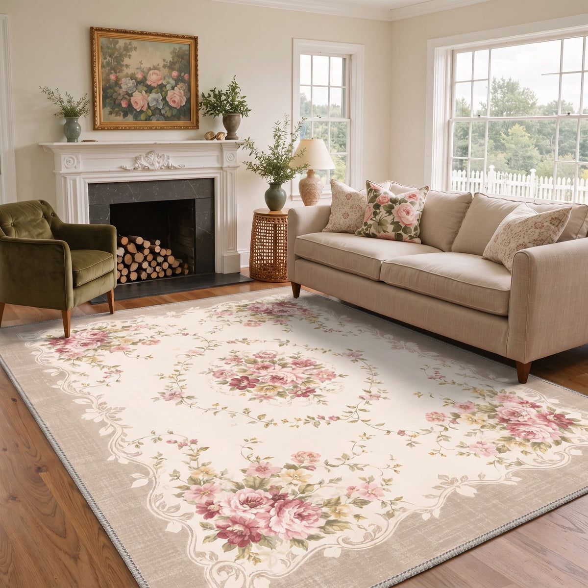 GENIMO 5'x7' Botanical Floral Area Rug for Living Room, Machine Washable Low Pile Non Slip Rug for Bedroom Dining Room, MAUVEBLOOM