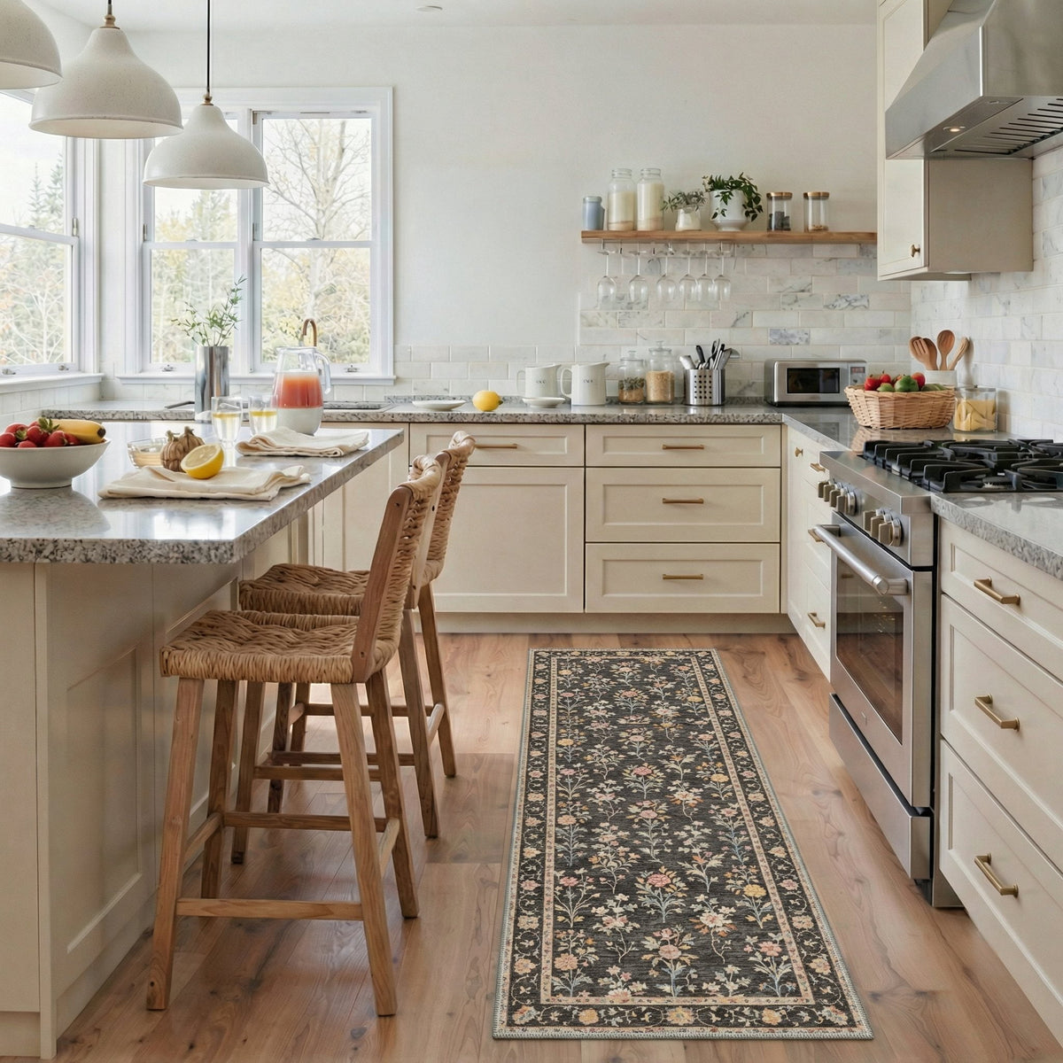 GENIMO 2'x7' Runner Rug, Machine Washable Non Slip Low Pile Hallway Runner Rug for Kitchen Laundry Room, Romantic Floral, Dusty Charcoal