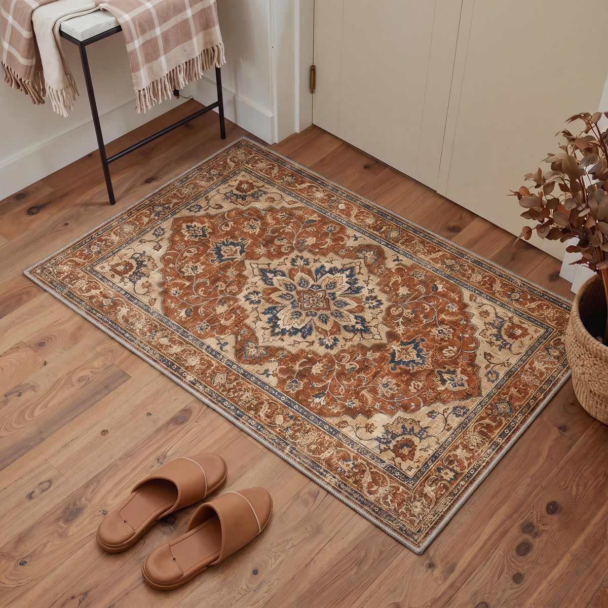 GENIMO 2'x3' Soft Persian Diamond Entryway Rug, Machine Washable Non Slip Low Pile Area Rug for Front Door Kitchen Bathroom, Dusty Terracotta
