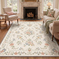 GENIMO 8'x10' Area Rug for Living Room, Large Machine Washable Non Slip Low Pile Rug for Bedroom Dining Room, Soft Floral, Pastel Cream