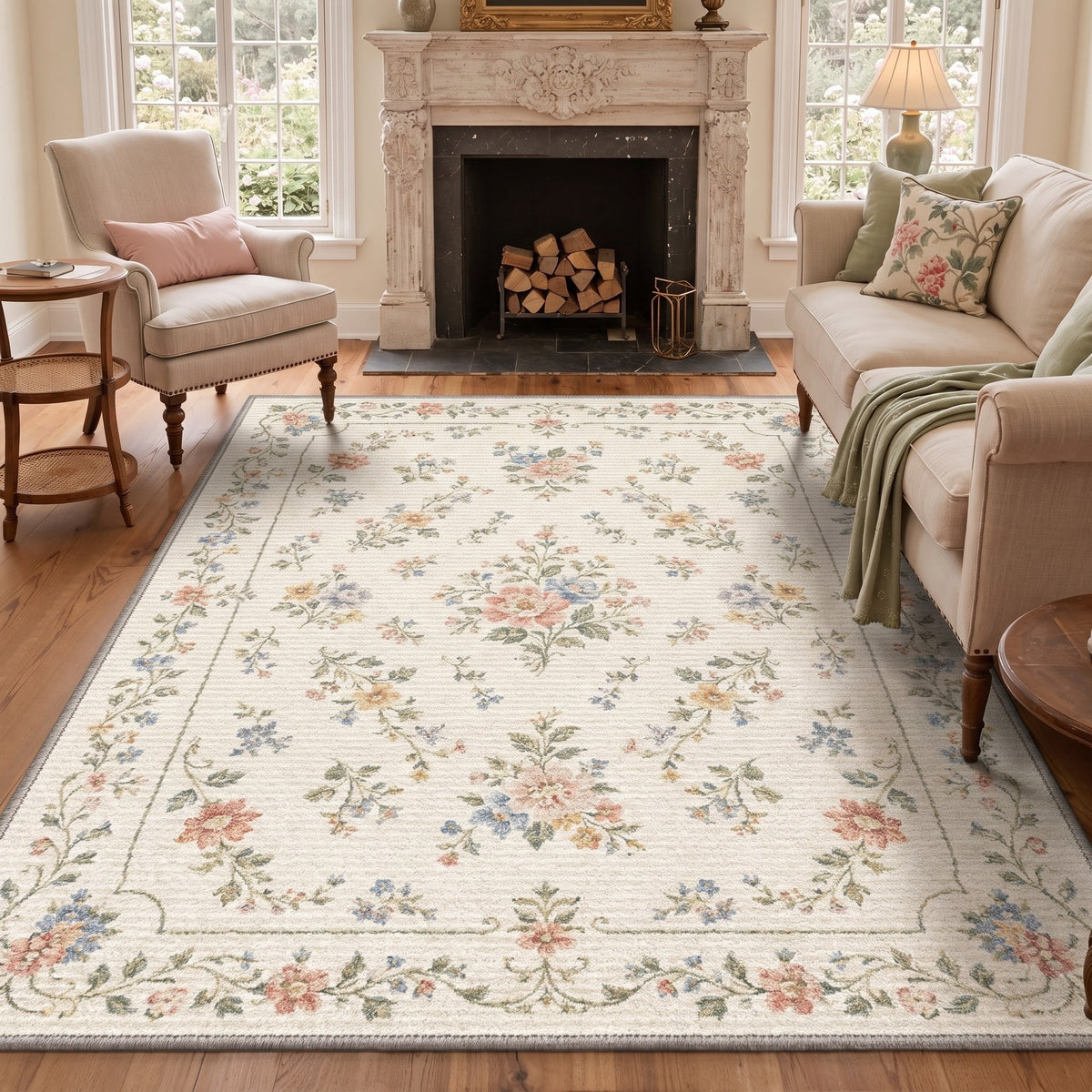 GENIMO 8'x10' Area Rug for Living Room, Large Machine Washable Non Slip Low Pile Rug for Bedroom Dining Room, Soft Floral, Pastel Cream