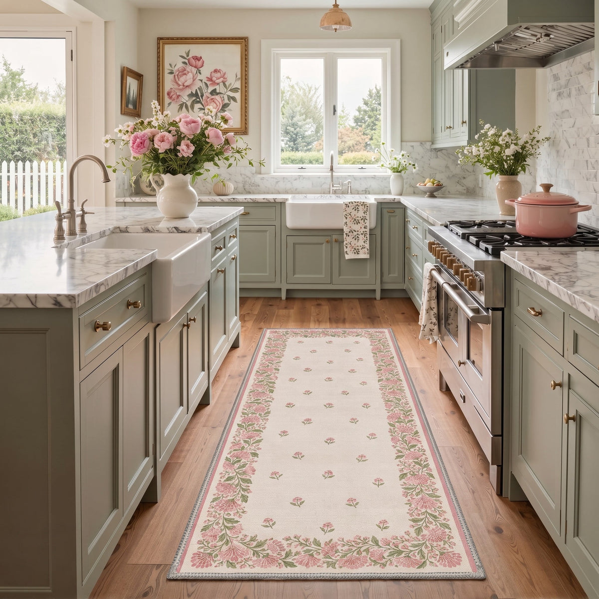 GENIMO 2'x7' Runner Rug, Machine Washable Non Slip Low Pile Hallway Runner Rug for Kitchen Laundry Room, Muted Floral, Dusty Rose