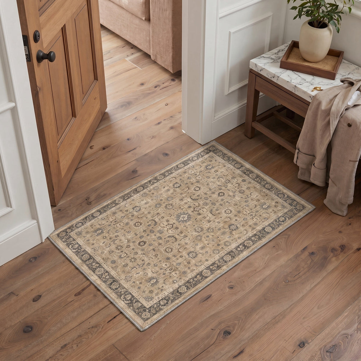 GENIMO 2'x3' Area Rug for Entryway, Machine Washable Non Slip Low Pile Indoor Door Mat for Front Door Kitchen Bathroom, Persian Inspired, Dusty Beige