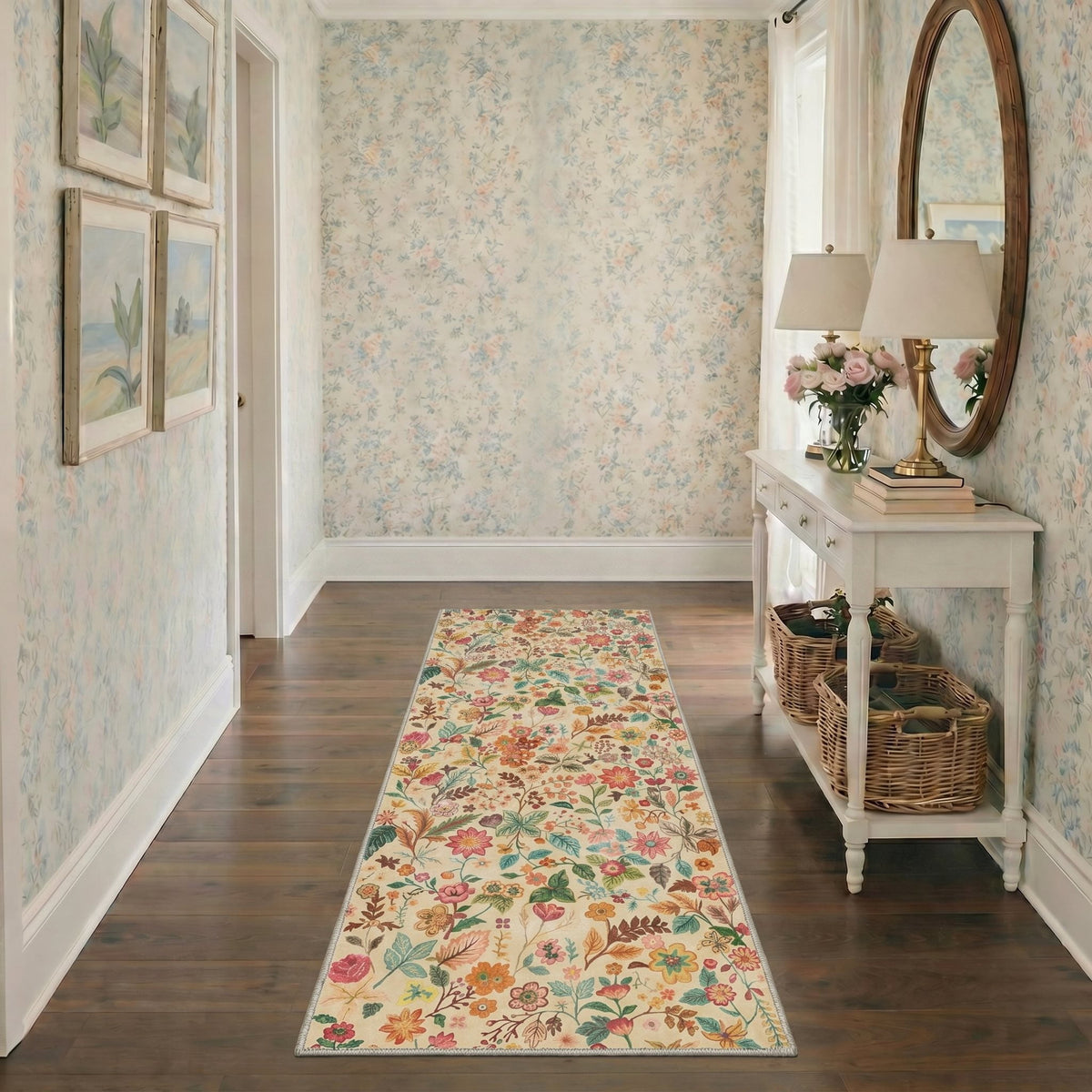 GENIMO 2'x7' Floral Botanical Runner Rug, Machine Washable Non Slip Low Pile Hallway Runner Rug for Kitchen Laundry Room, Dusty Beige