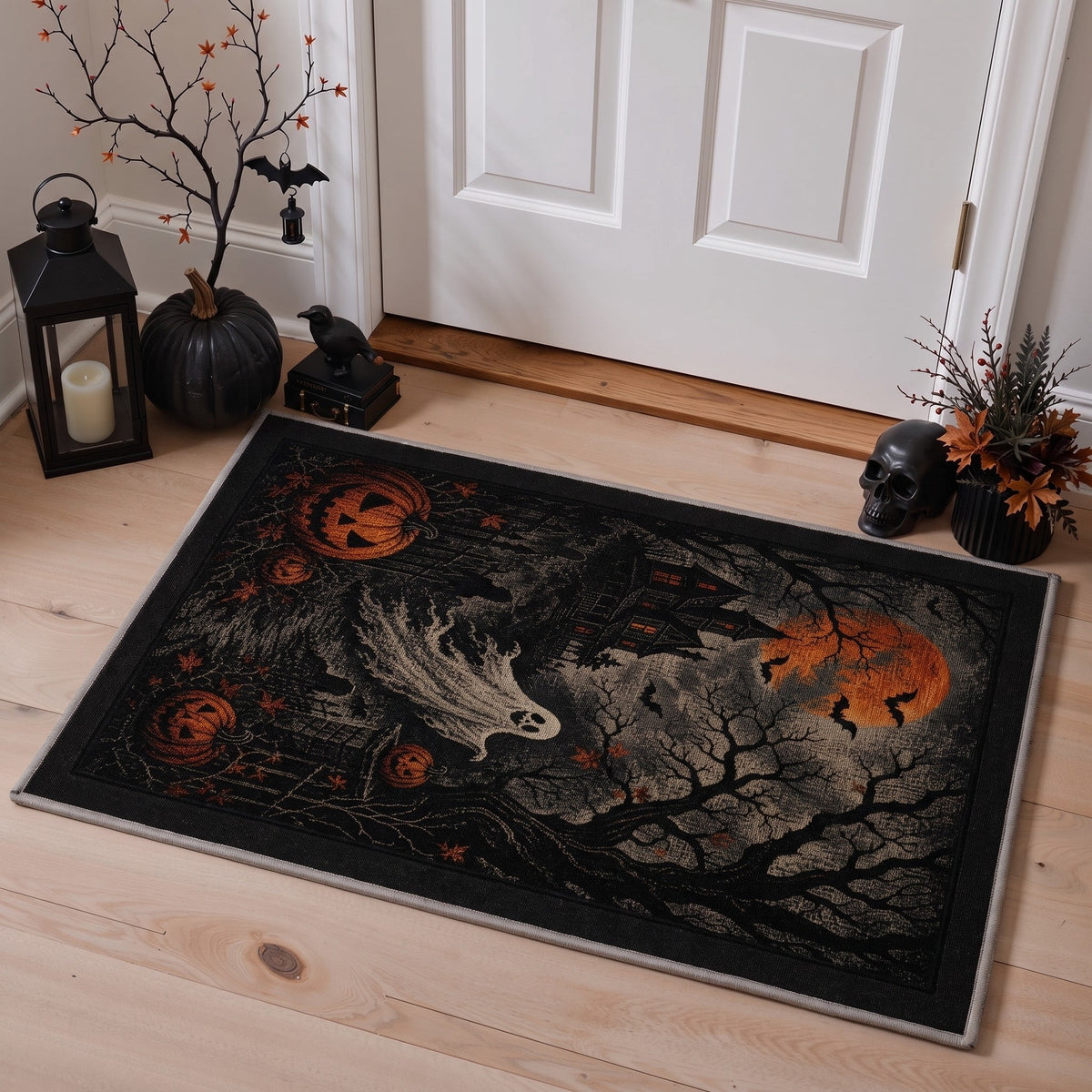 GENIMO 2'x3' Halloween Doormat, Washable Non Slip Soft Gothic Castle Outdoor Door Mat for Front Door Covered Porch Patio Entryway, Burnt Orange