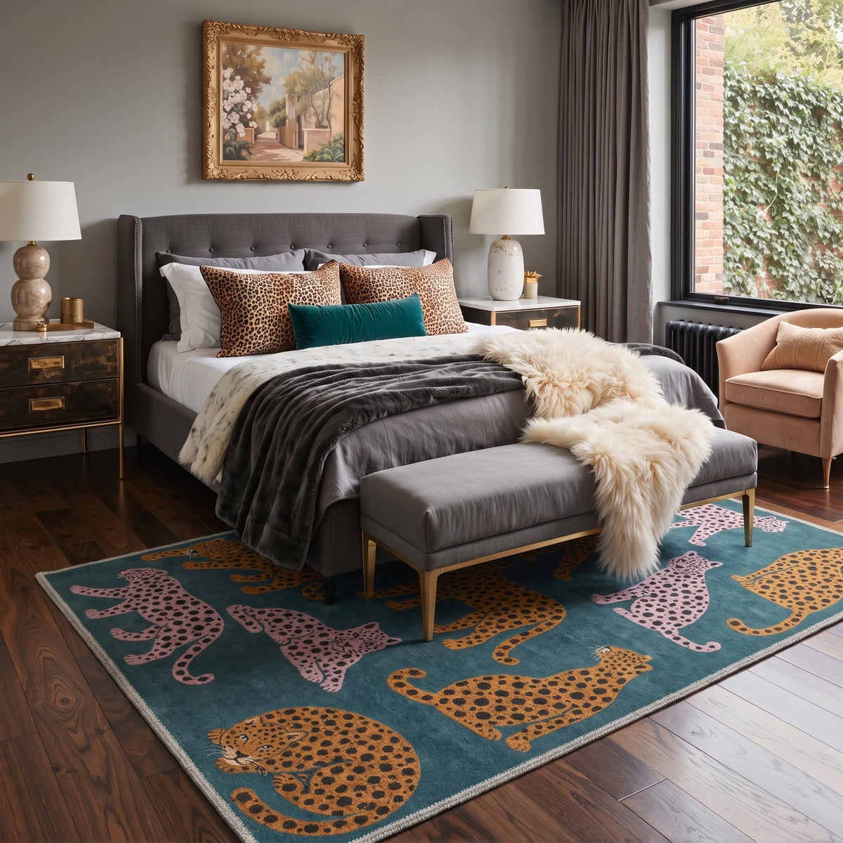GENIMO 8'x10' Animal Print Rug for Living Room, Large Machine Washable Non Slip Low Pile Area Rug for Bedroom Dining Room, Dusty Teal