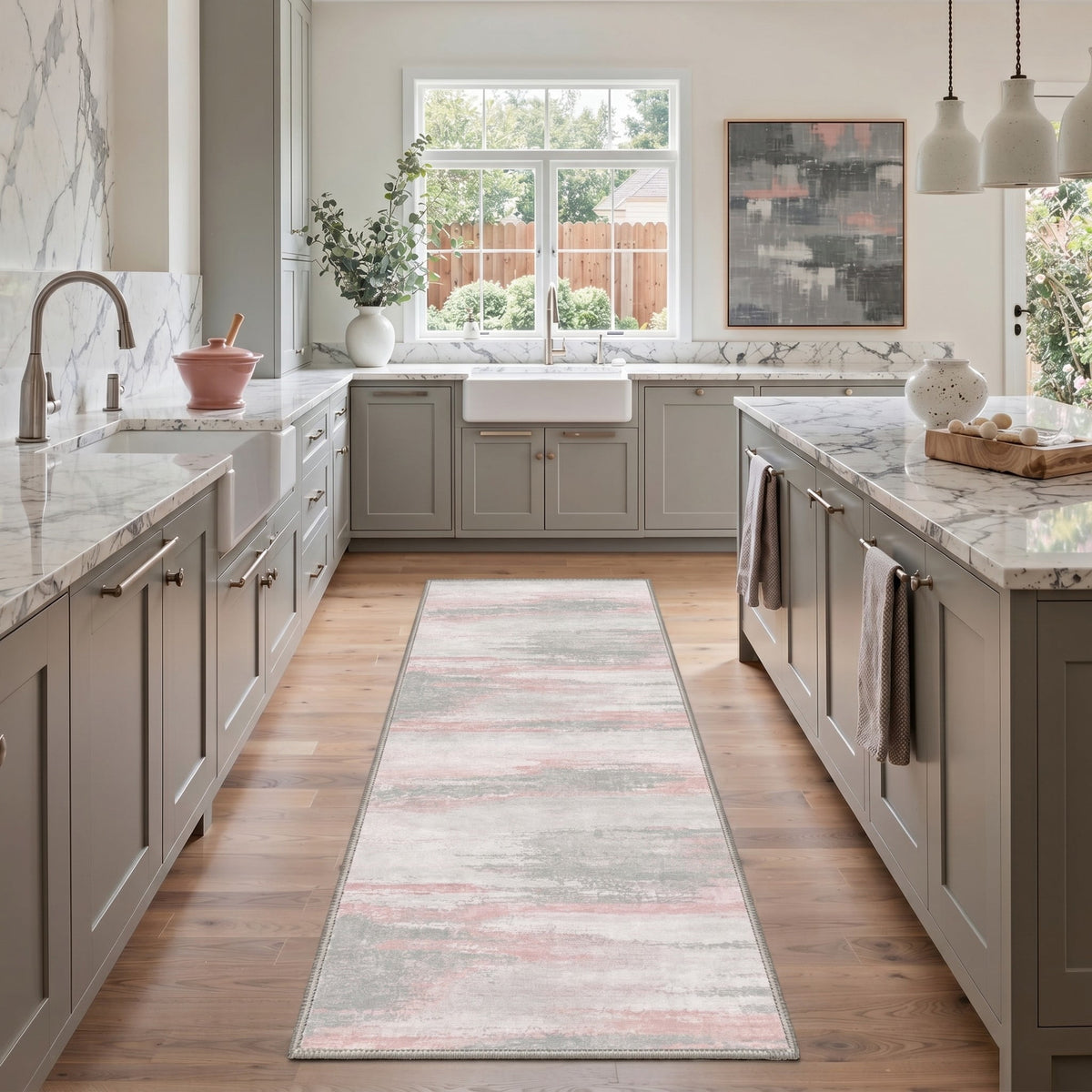 GENIMO 2'x7' Runner Rug, Machine Washable Non Slip Low Pile Hallway Runner Rug for Kitchen Laundry Room, Modern Abstract, Blush Gray