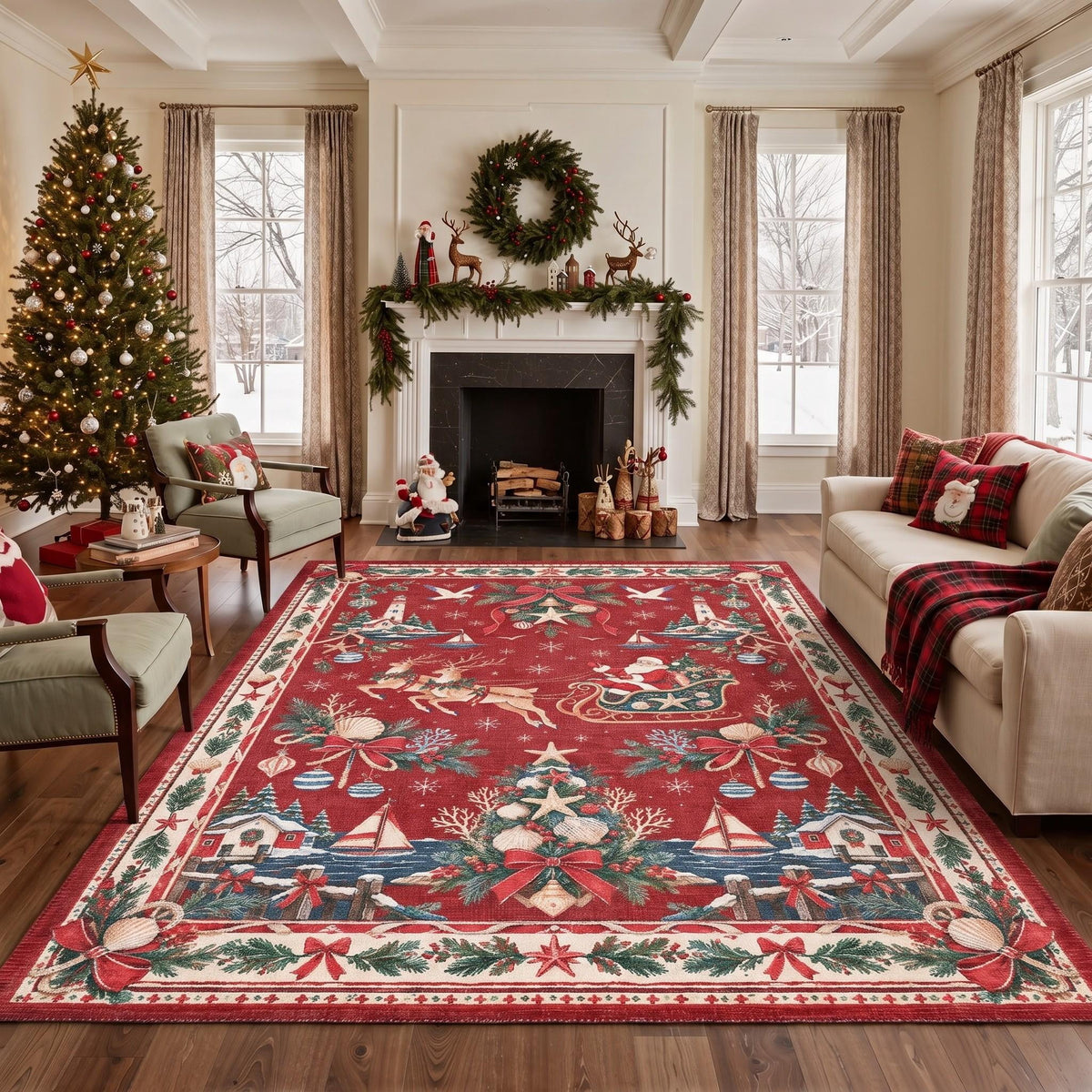 GENIMO 5'x7' Vintage Christmas Area Rug for Living Room, Soft Washable Non Slip Rug for Bedroom Dining Room Home Office, Red