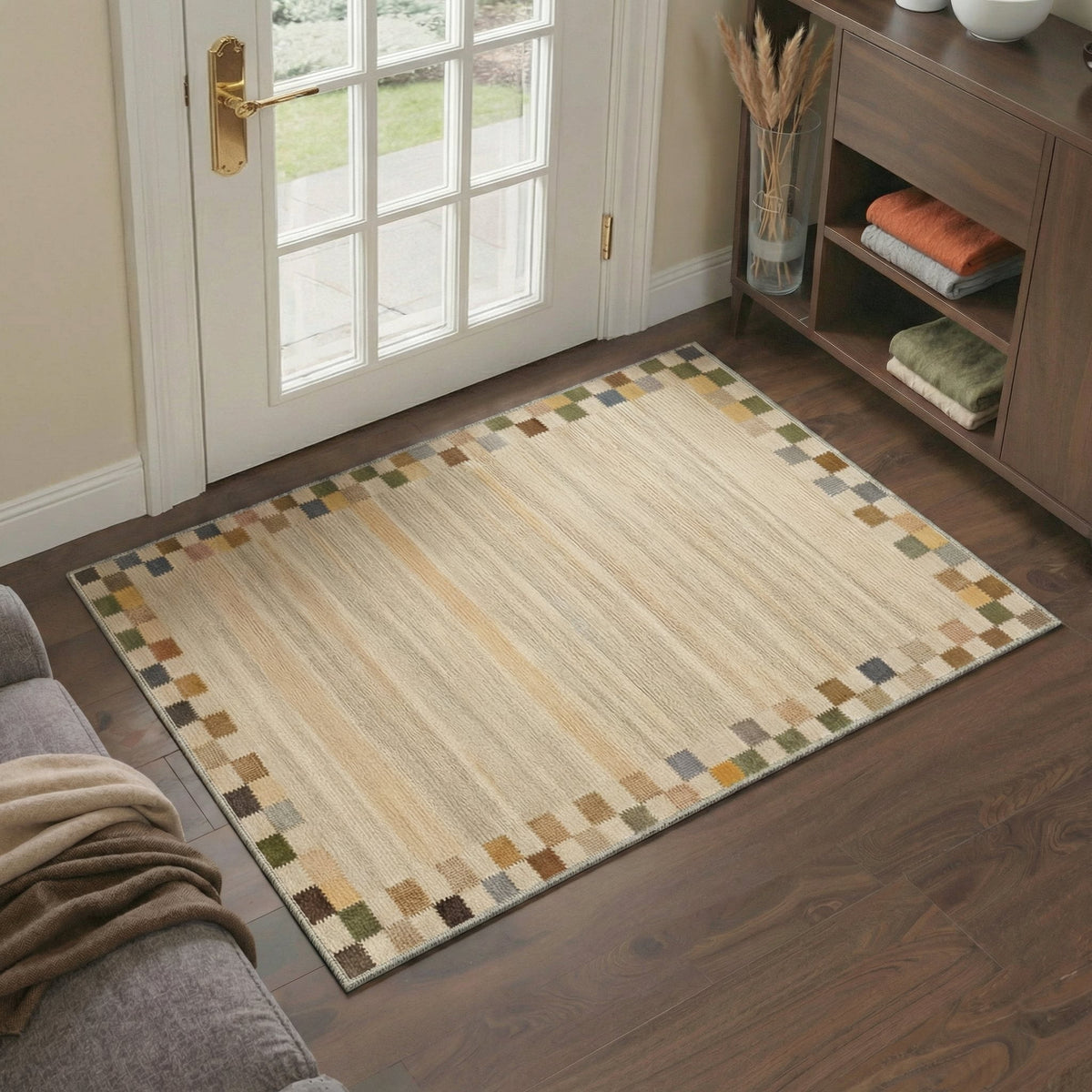 GENIMO 2'x3' Area Rug for Entryway, Machine Washable Non Slip Low Pile Indoor Door Mat for Front Door Kitchen Bathroom, Simple Minimalist, Warm Beige