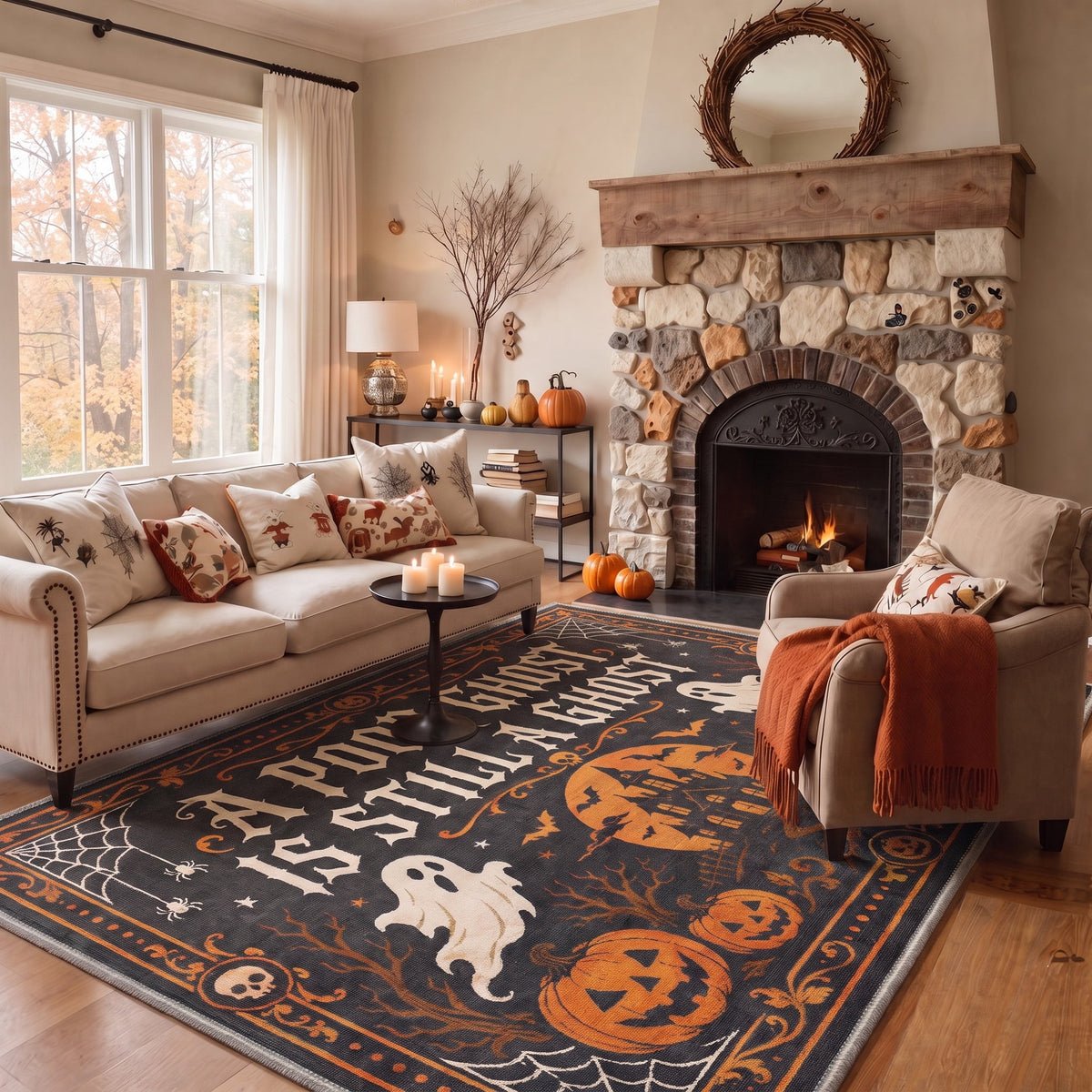 GENIMO 8'x10' Halloween Area Rug for Living Room, Washable Non Slip Soft Whimsical Ghost Indoor Rug for Bedroom Dining Room Home Office, Midnight Orange