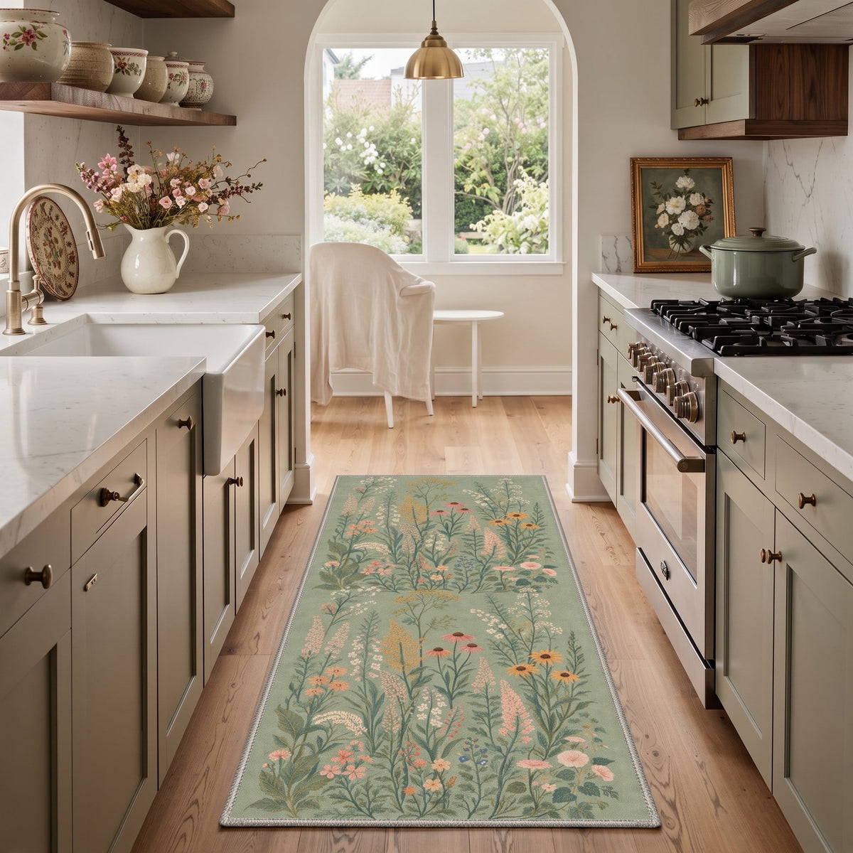 GENIMO 2'x7' Runner Rug, Machine Washable Non Slip Low Pile Hallway Runner Rug for Kitchen Laundry Room, Modern Floral, Dusty Sage