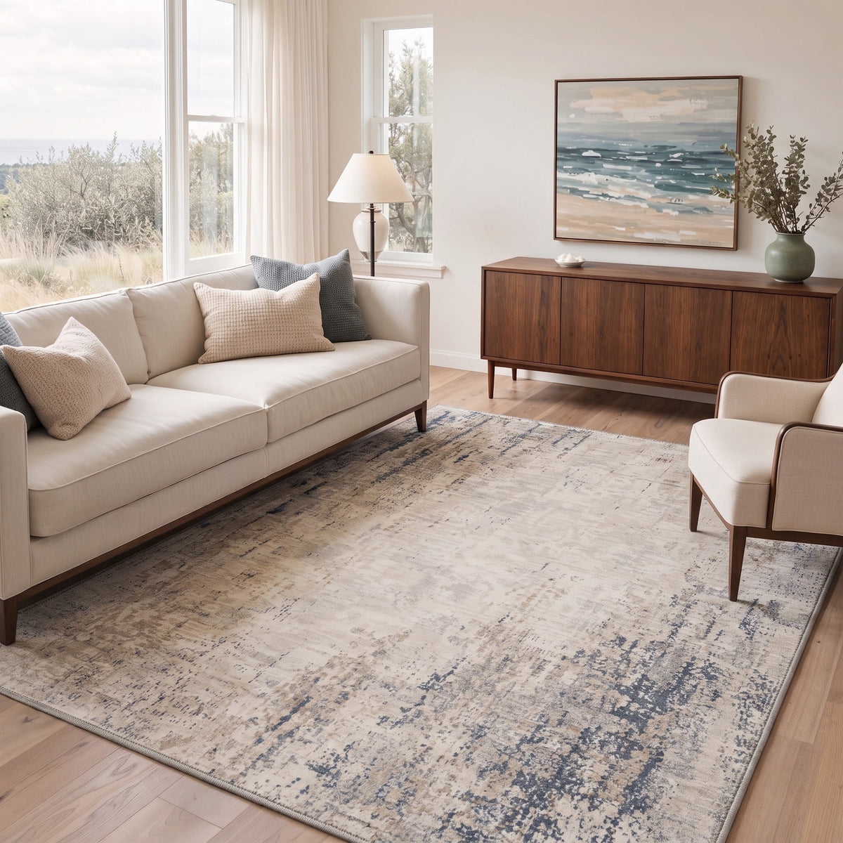 GENIMO 8'x10' Rug for Living Room, Large Machine Washable Non Slip Low Pile Area Rug for Bedroom Dining Room, Contemporary Abstract, Dusty Beige