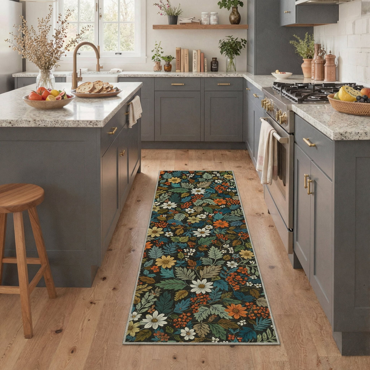 GENIMO 2' x 6' Runner Rug, Machine Washable Non Slip Low Pile Hallway Runner Rug for Kitchen Laundry Room, Soft Floral, Forest Green