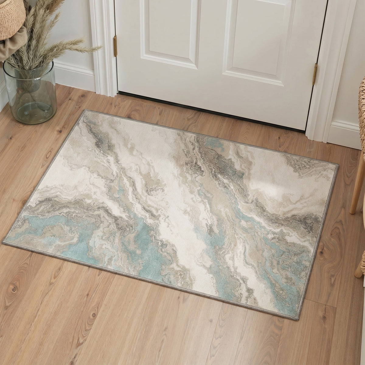 GENIMO 2'x3' Area Rug, Machine Washable Non Slip Low Pile Rug for Entryway Kitchen Bathroom Front Door, Contemporary Abstract, Cream Aqua