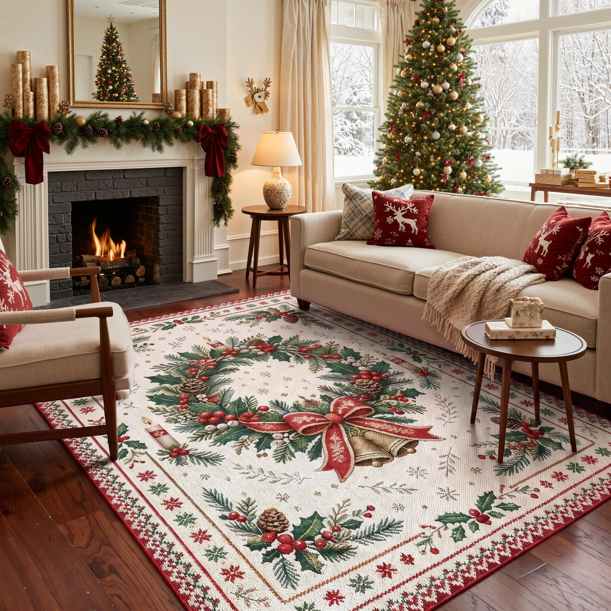 GENIMO 6'x9' Classic Christmas Area Rug for Living Room, Soft Washable Non Slip Rug for Bedroom Dining Room Home Office, Light Red