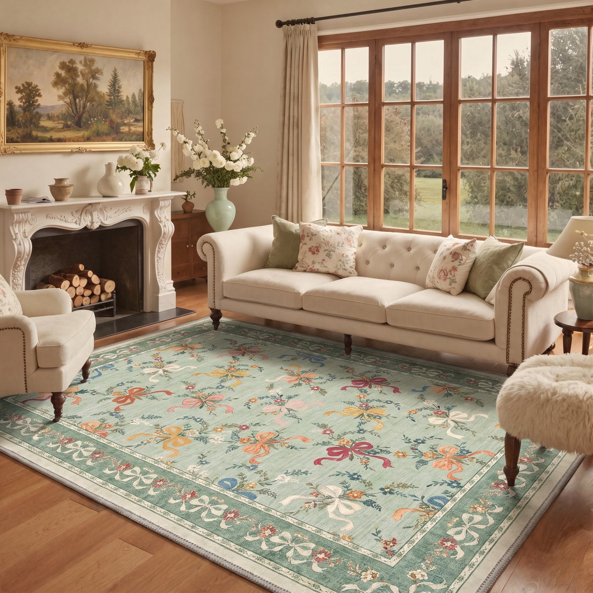 GENIMO 9'x12' Area Rug for Living Room, Washable Non Slip Soft Floral Rug for Bedroom Dining Room Home Office, Sage Green