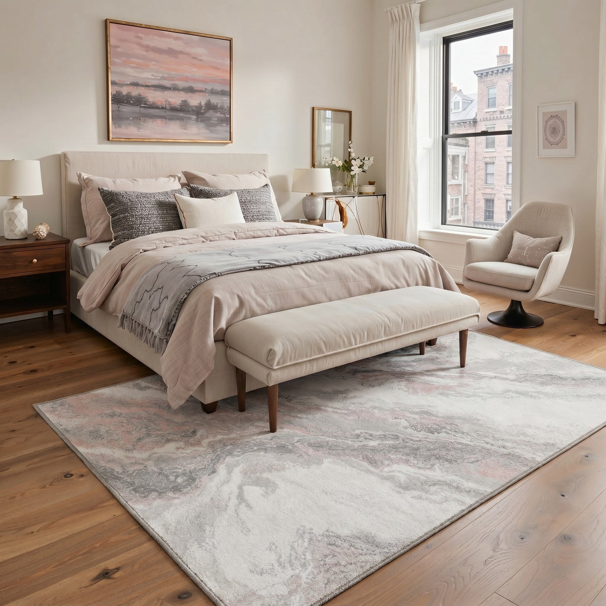 GENIMO 5'x7' Geometric Abstract Area Rug for Living Room, Machine Washable Non Slip Low Pile Rug for Bedroom Dining Room, Blush Gray
