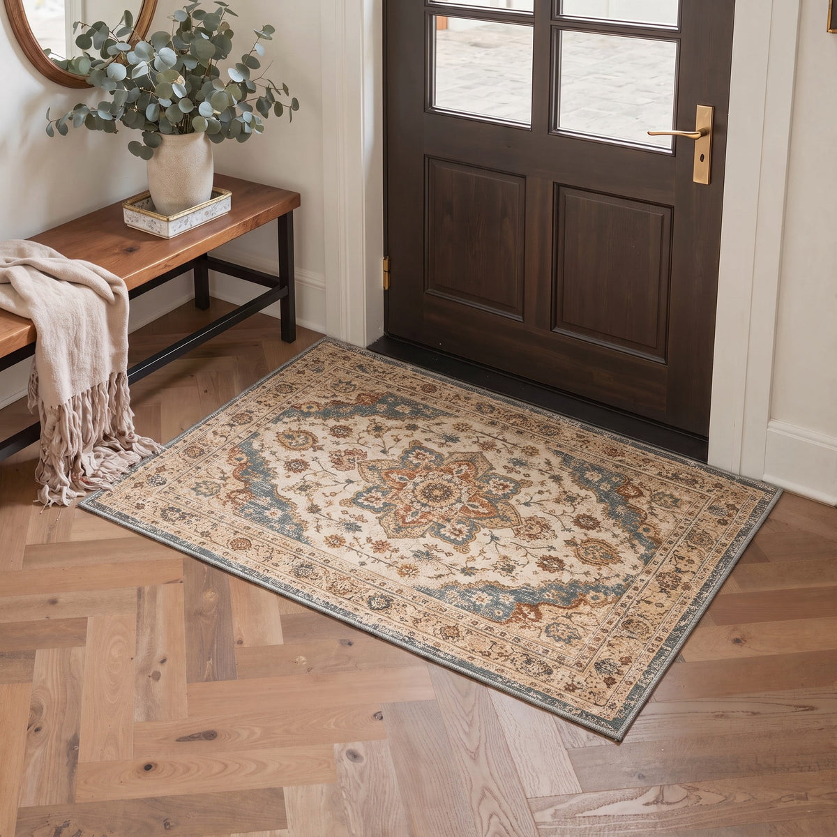 GENIMO 2'x3' Area Rug, Machine Washable Non Slip Low Pile Rug for Entryway Kitchen Bathroom Front Door, Traditional Persian Diamond, Dusty Beige