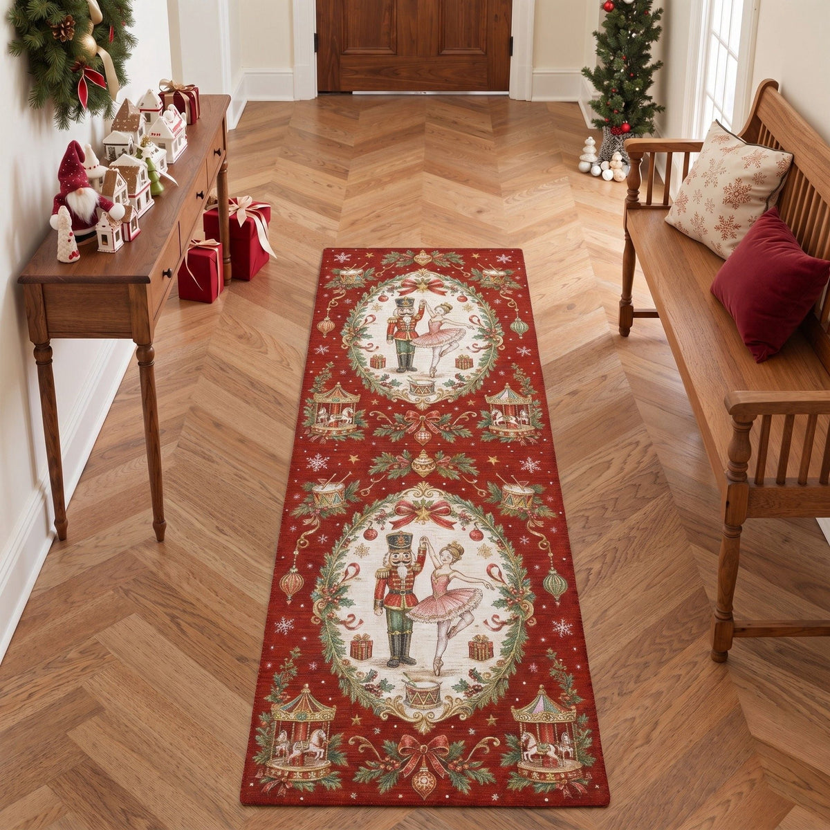 GENIMO 2'x7' Traditional Christmas Runner Rug, Soft Washable Non Slip Hallway Runner for Kitchen Entryway Laundry Room, Deep Red