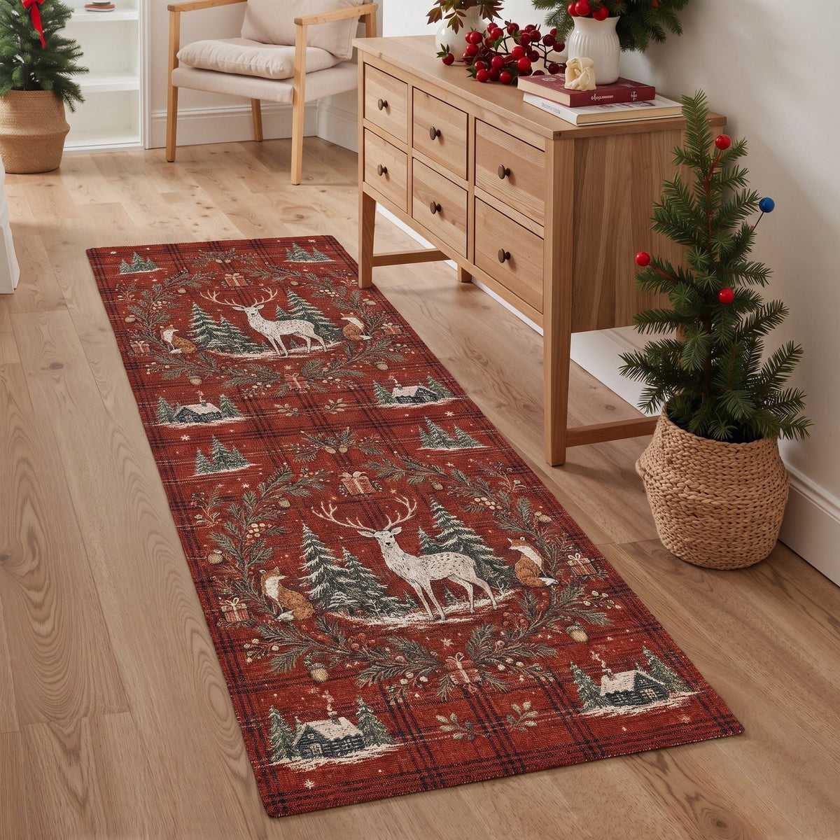 GENIMO 2'x6' Rustic Christmas Runner Rug, Non Slip Washable Soft Hallway Runner for Kitchen Entryway Laundry Room, Deep Red