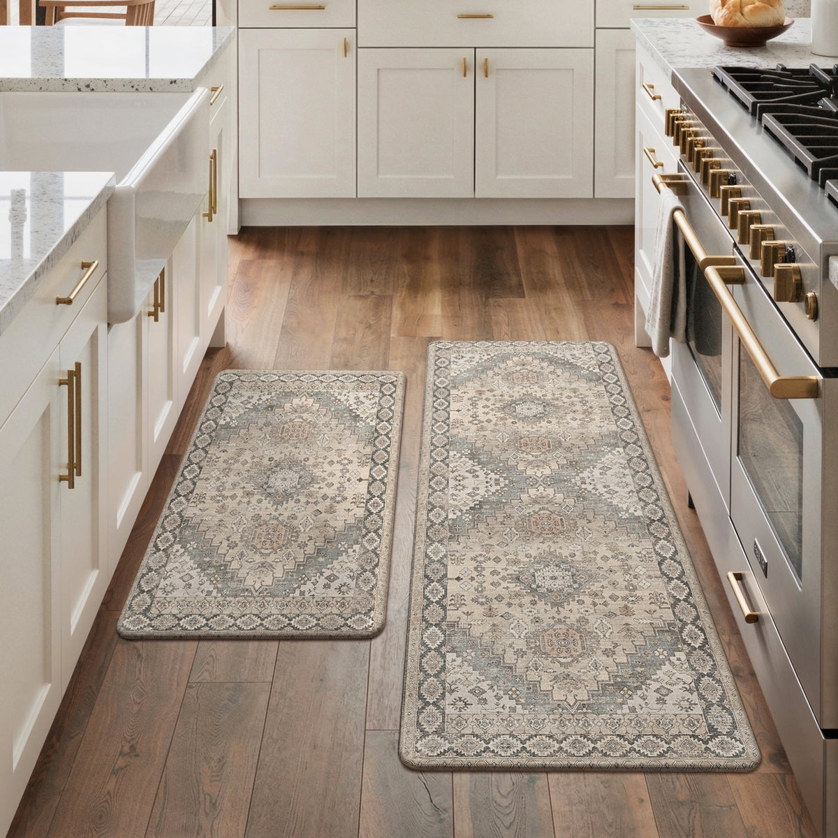 GENIMO 2 Piece Kitchen Rug Set 20"x32"+20"x48", Anti-Fatigue Non-Slip Runner Rug and Mat, Water-Resistant Vintage Oriental Kitchen Floor Mats for Sink Laundry Room