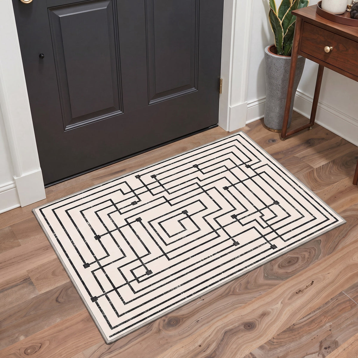 GENIMO 2'x3' Calm Minimalist Entryway Rug, Machine Washable Non Slip Low Pile Area Rug for Front Door Kitchen Bathroom, Ivory Charcoal