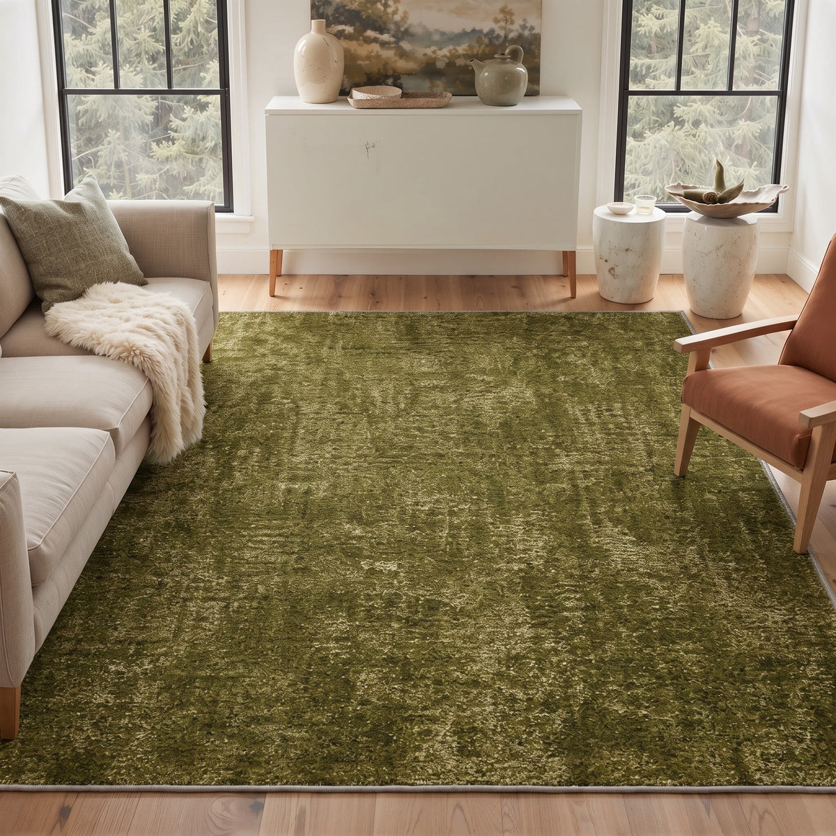 GENIMO 8'x10' Area Rug for Living Room, Large Machine Washable Non Slip Low Pile Rug for Bedroom Dining Room, Modern Abstract, Moss Olive