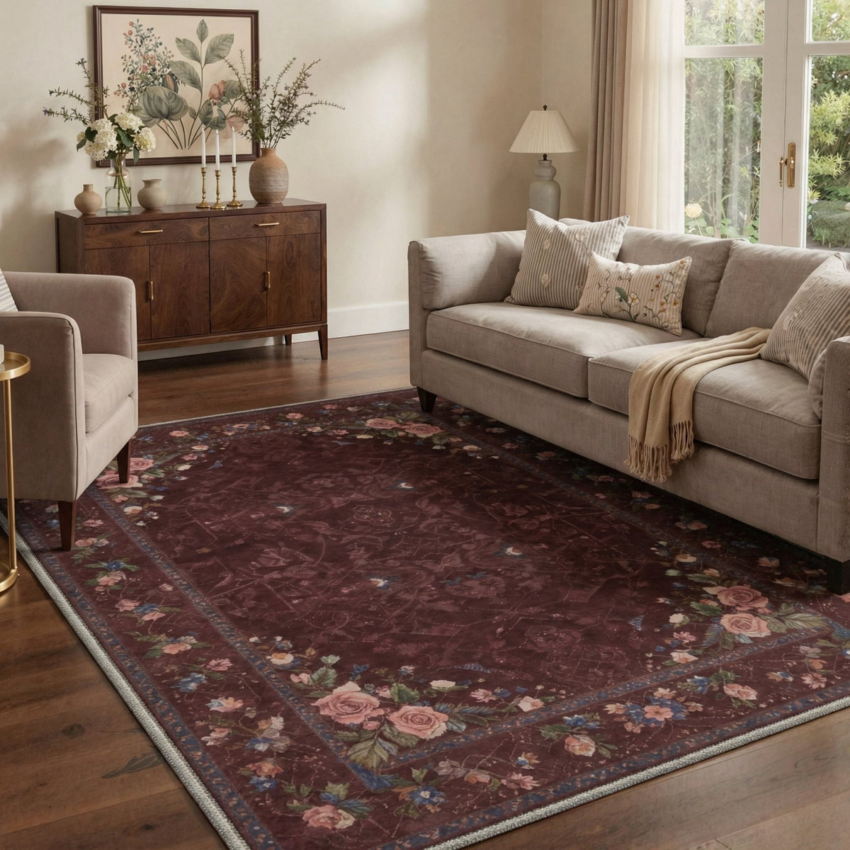 GENIMO 5'x7' Area Rug for Living Room, Machine Washable Non Slip Low Pile Rug for Bedroom Dining Room, Garden Floral, Deep Burgundy