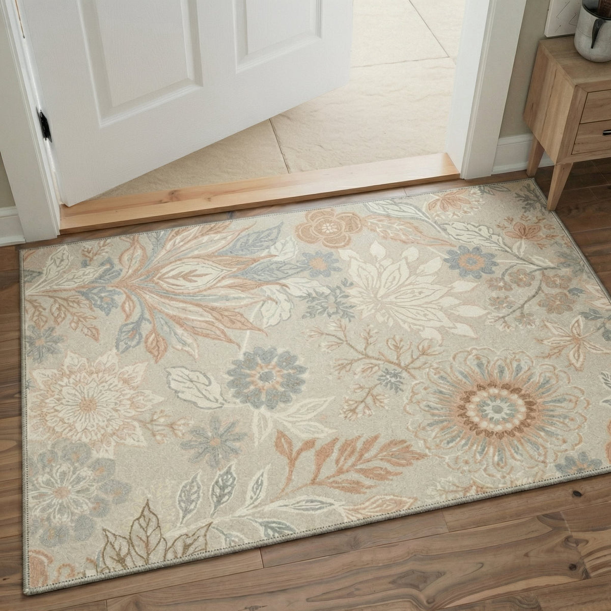 GENIMO 2'x3' Area Rug, Machine Washable Non Slip Low Pile Rug for Entryway Kitchen Bathroom Front Door, Romantic Floral, Muted Beige