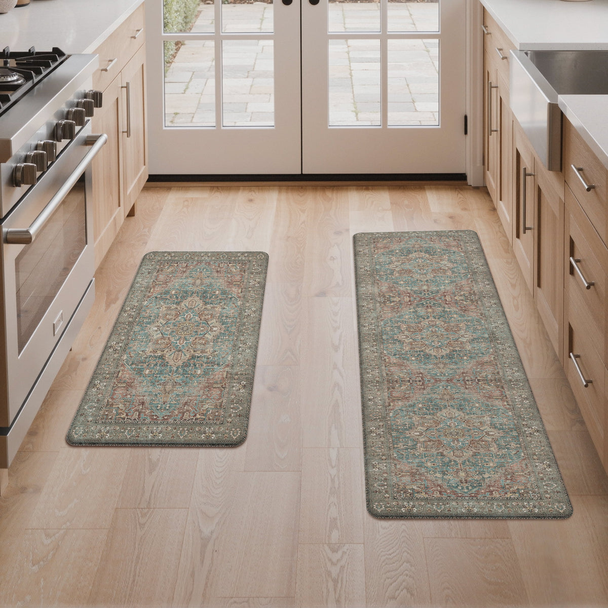 GENIMO 2 Piece Kitchen Rug Set 20"x32"+20"x48", Anti-Fatigue Non-Slip Runner Rug and Mat, Water-Resistant Vintage Oriental Kitchen Floor Mats for Laundry Room and Sink