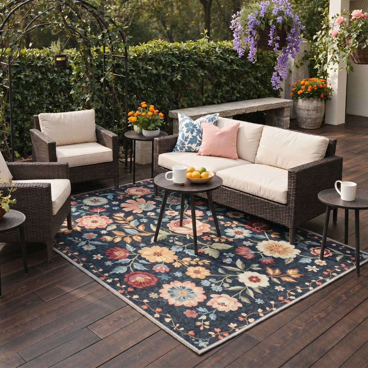 GENIMO 5'x7' Area Rug for Living Room, Machine Washable Non Slip Low Pile Rug for Bedroom Dining Room, Garden Floral, Dusty Navy