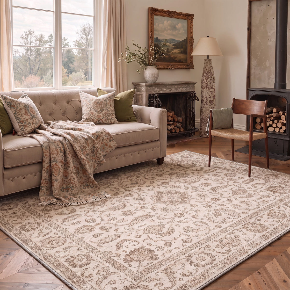GENIMO 5'x7' Area Rug for Living Room, Machine Washable Non Slip Low Pile Rug for Bedroom Dining Room, Vintage Persian, Cream Beige