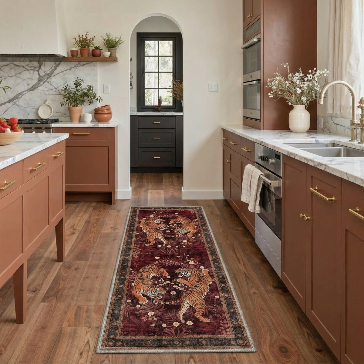 GENIMO 2'x7' Runner Rug, Machine Washable Non Slip Low Pile Hallway Runner Rug for Kitchen Laundry Room, Decorative Animal Print, Dark Burgundy