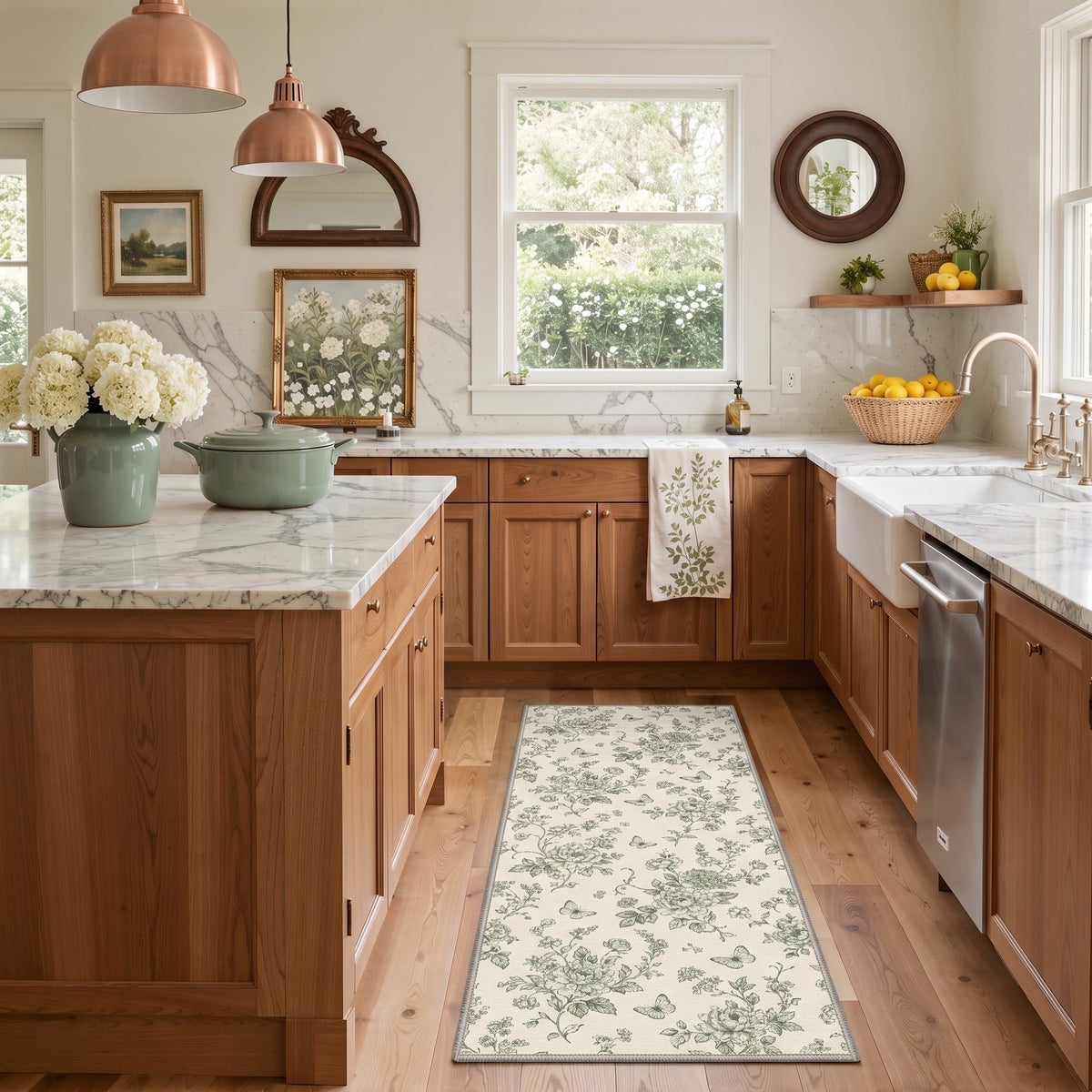 GENIMO 2'x7' Runner Rug, Machine Washable Non Slip Low Pile Hallway Runner Rug for Kitchen Laundry Room, Muted Floral, Dusty Sage