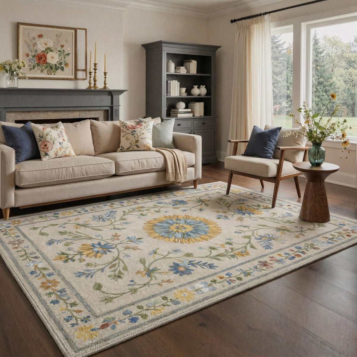 GENIMO 3'x5' Area Rug for Living Room, Washable Non Slip Soft Floral Botanical Rug for Bedroom Dining Room Home Office, Dusty Beige