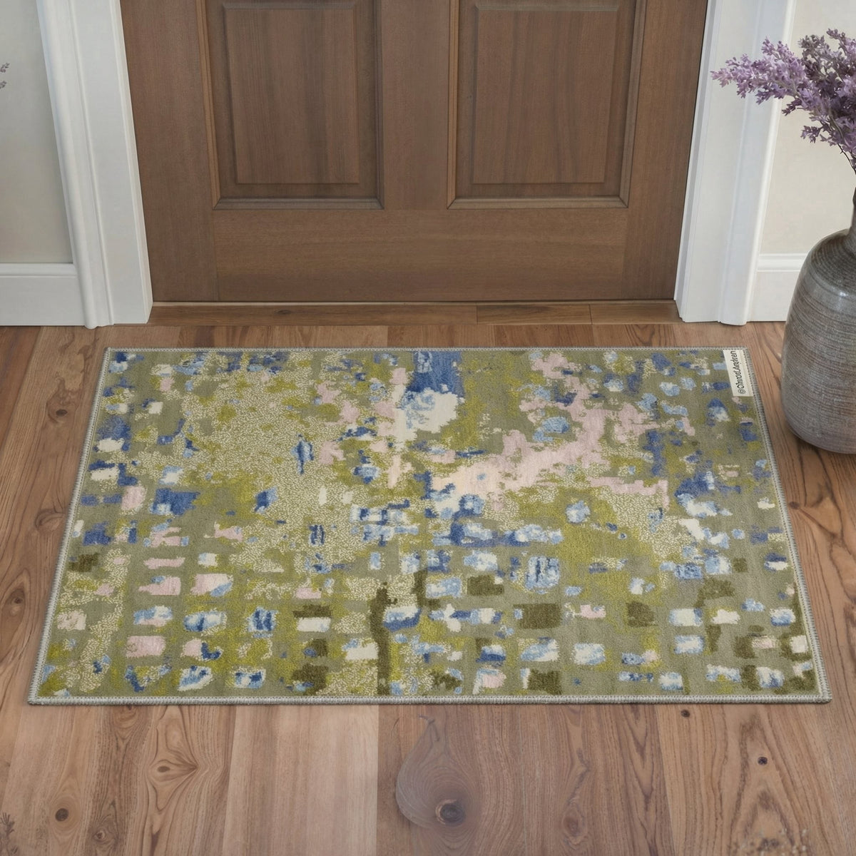GENIMO 2'x3' Area Rug, Machine Washable Non Slip Low Pile Rug for Entryway Kitchen Bathroom Front Door, Contemporary Abstract, Dusty Olive