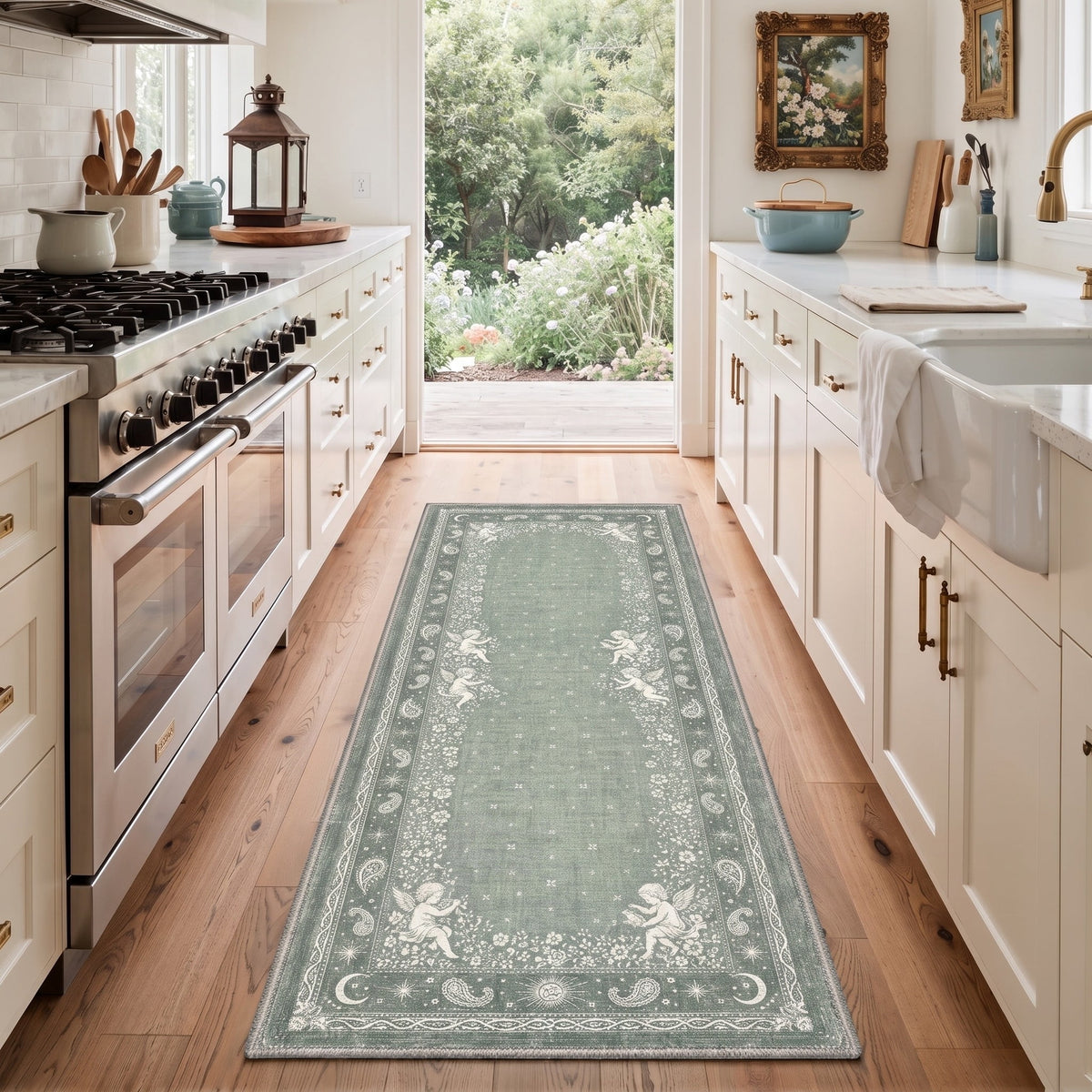 GENIMO 2'x7' Runner Rug, Machine Washable Non Slip Low Pile Hallway Runner Rug for Kitchen Laundry Room, Garden Floral, Dusty Sage