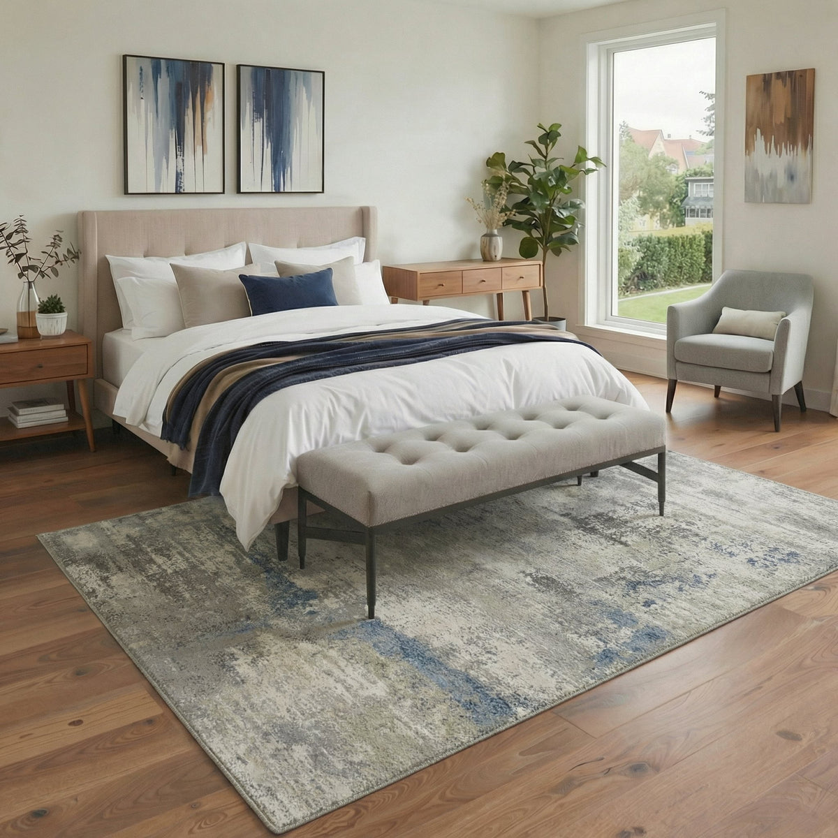 GENIMO 5'x7' Area Rug for Living Room, Machine Washable Non Slip Low Pile Rug for Bedroom Dining Room, Modern Abstract, Dusty Blue