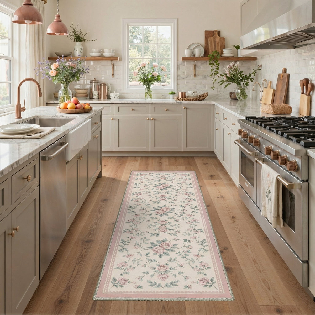 GENIMO 2'x7' Runner Rug, Machine Washable Non Slip Low Pile Hallway Runner Rug for Kitchen Laundry Room, Botanical Floral, Dusty Pink
