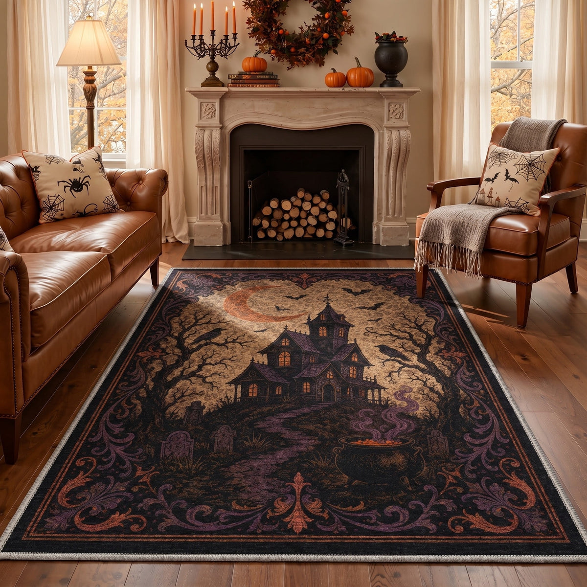 GENIMO 5'x7' Halloween Area Rug for Living Room, Washable Non Slip Soft Gothic Castle Indoor Rug for Bedroom Dining Room Home Office, Gothic Plum