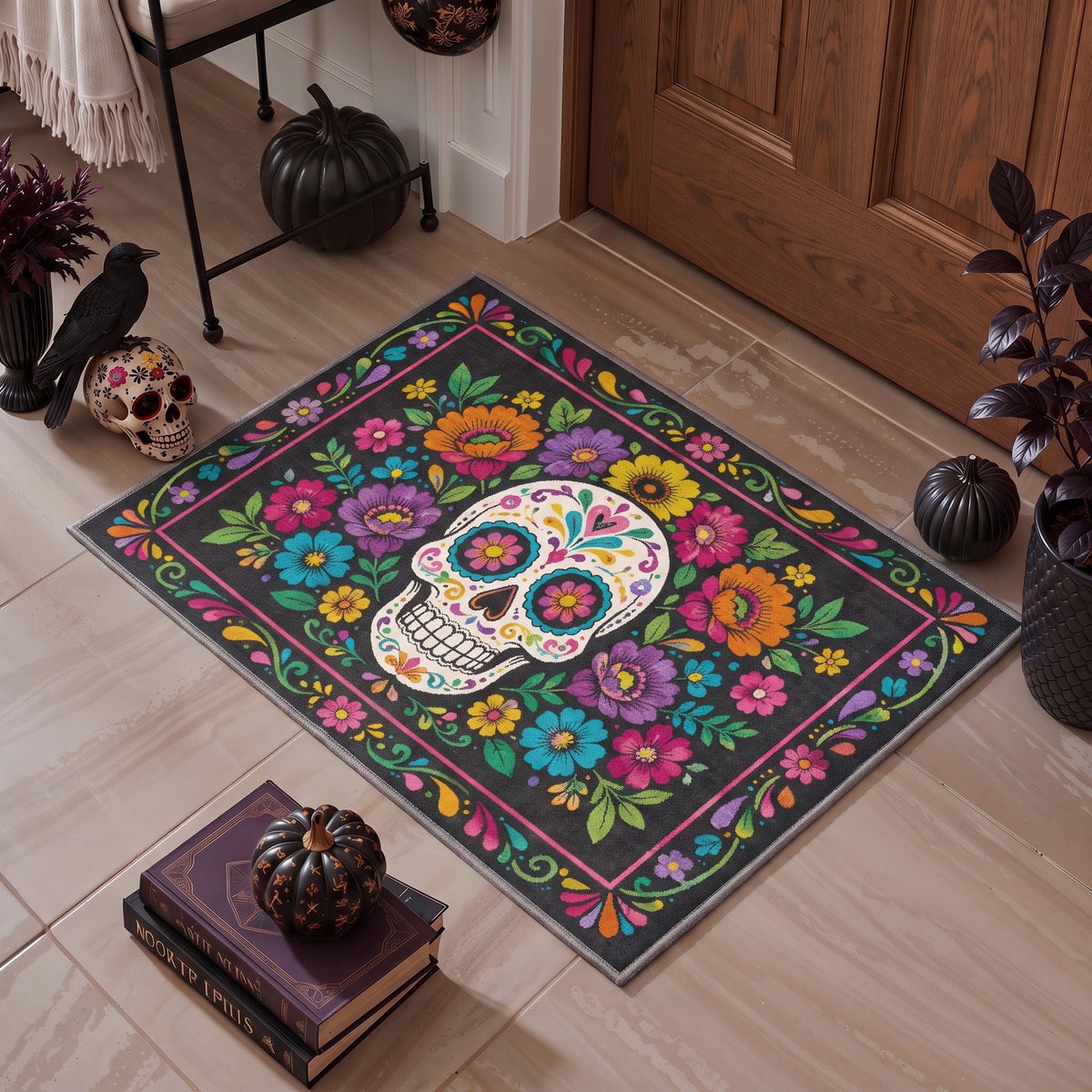 GENIMO 2'x3' Halloween Doormat, Washable Non Slip Soft Gothic Skull Outdoor Door Mat for Front Door Covered Porch Patio Entryway, Festive Noir