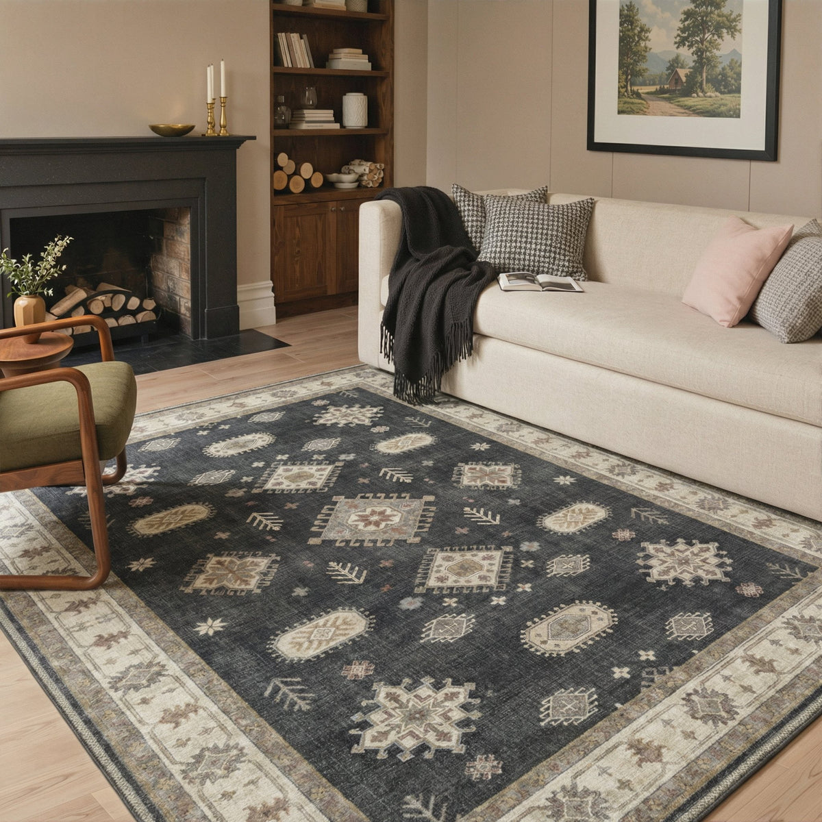 GENIMO 8'x10' Area Rug for Living Room, Large Machine Washable Non Slip Low Pile Rug for Bedroom Dining Room, Vintage Persian, Dusty Charcoal