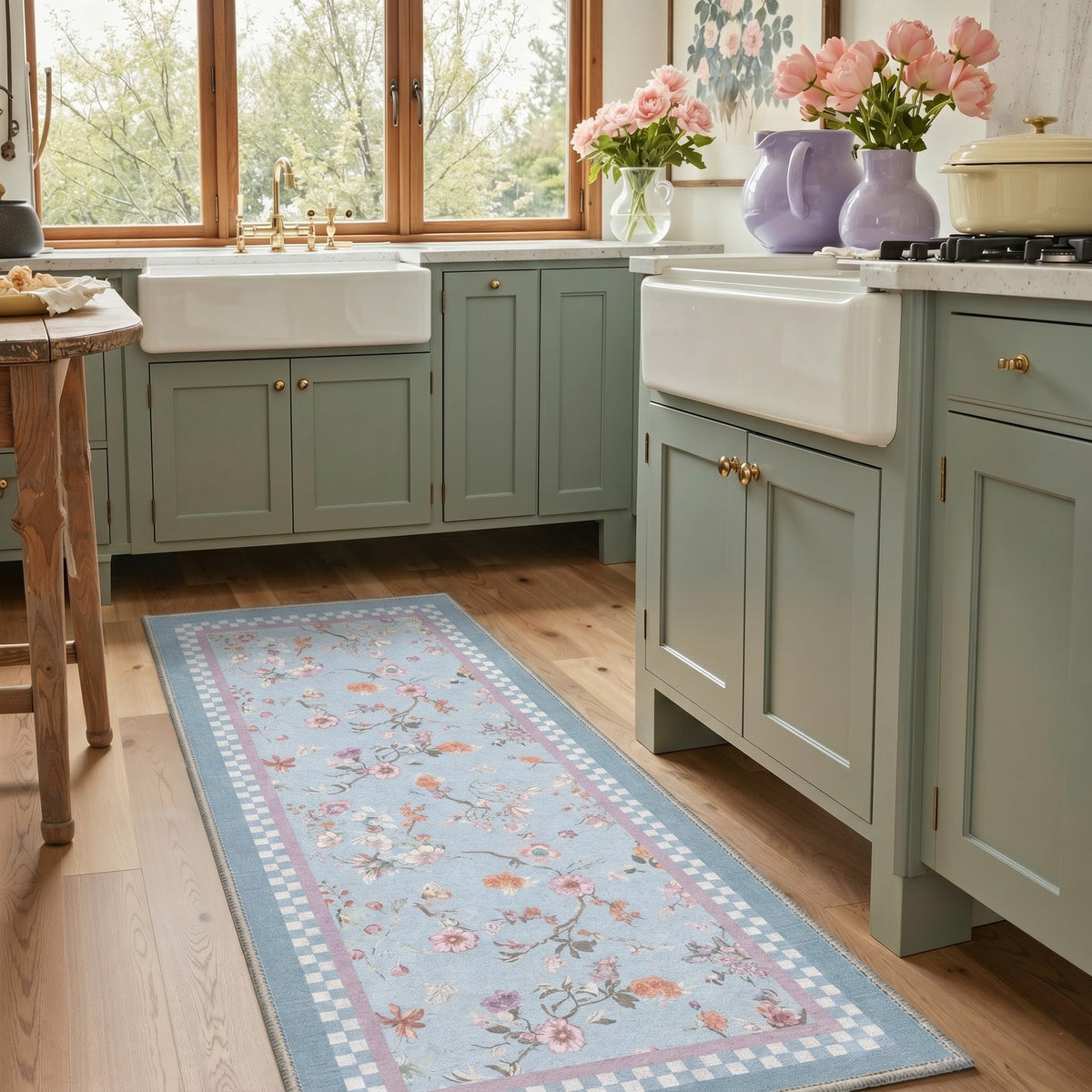 GENIMO 2'x7' Runner Rug, Machine Washable Non Slip Low Pile Hallway Runner Rug for Kitchen Laundry Room, Classic Floral, Powder Blue