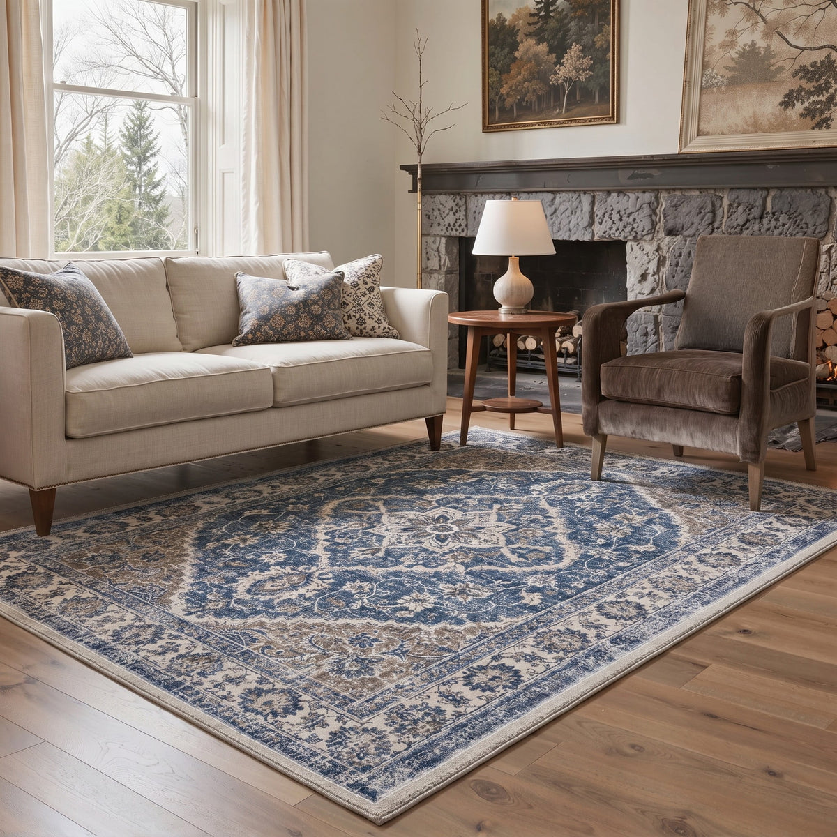 GENIMO 8'x10' Area Rug for Living Room, Large Machine Washable Non Slip Low Pile Rug for Bedroom Dining Room, Vintage Persian Diamond, Washed Navy
