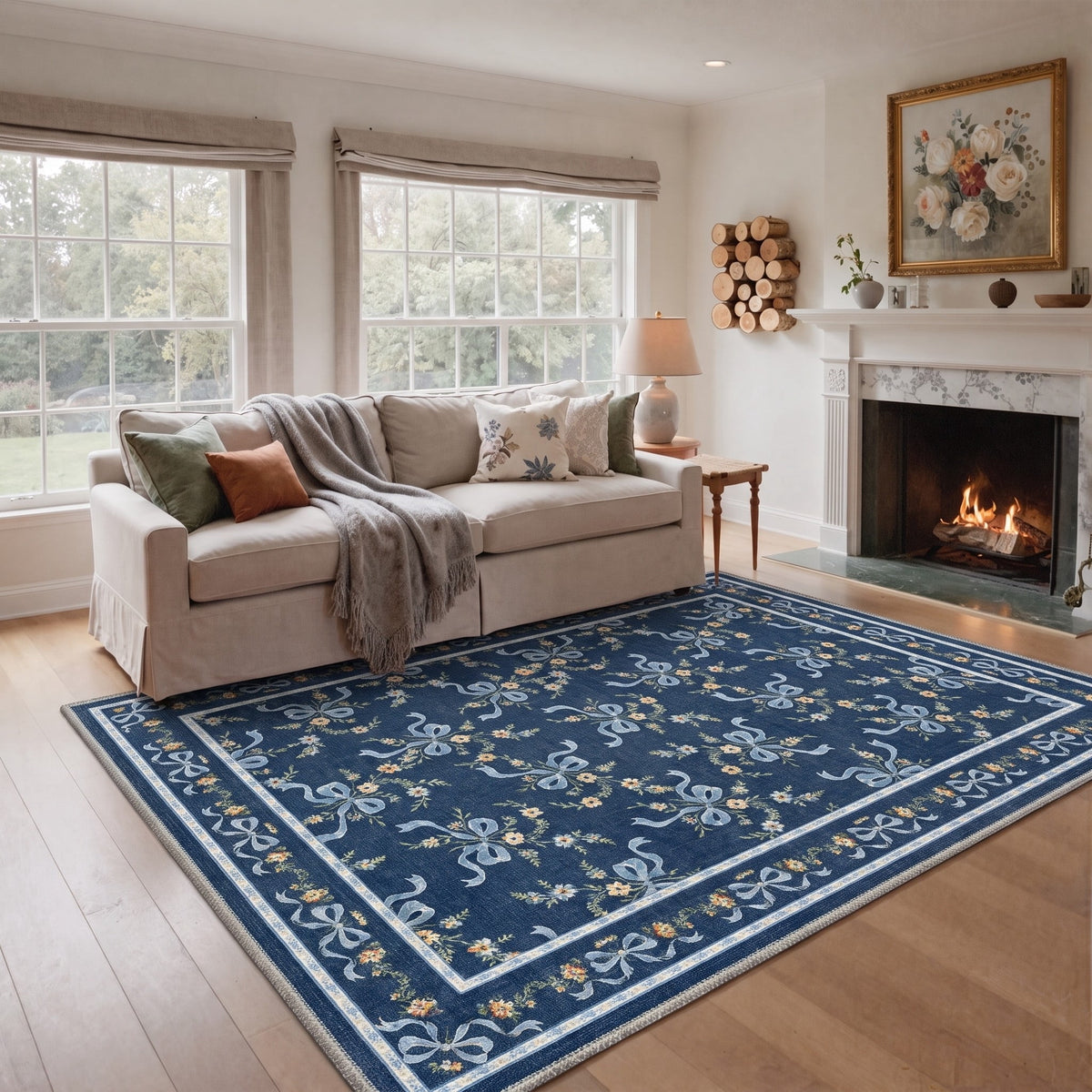 GENIMO 9'x12' Area Rug for Living Room, Washable Non Slip Soft Floral Rug for Bedroom Dining Room Home Office, Indigo Blue