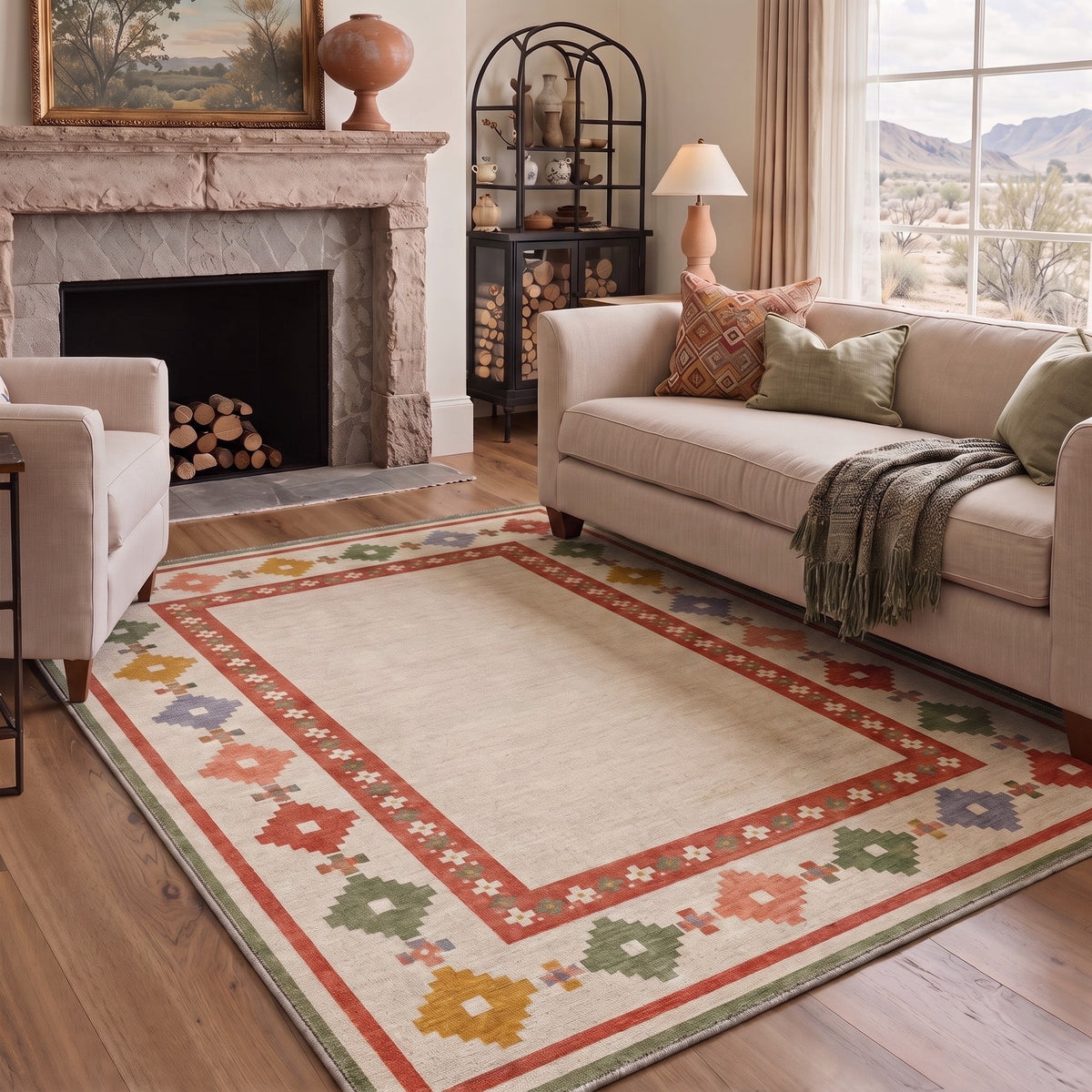 GENIMO 8'x10' Rug for Living Room, Large Machine Washable Non Slip Low Pile Area Rug for Bedroom Dining Room, Vintage Boho, OCHRE TRIBAL