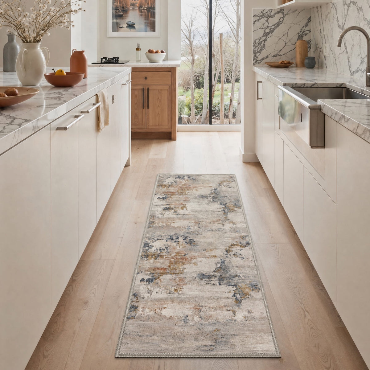 GENIMO 2'x7' Modern Abstract Runner Rug, Machine Washable Non Slip Low Pile Hallway Runner Rug for Kitchen Laundry Room, Dusty Greige