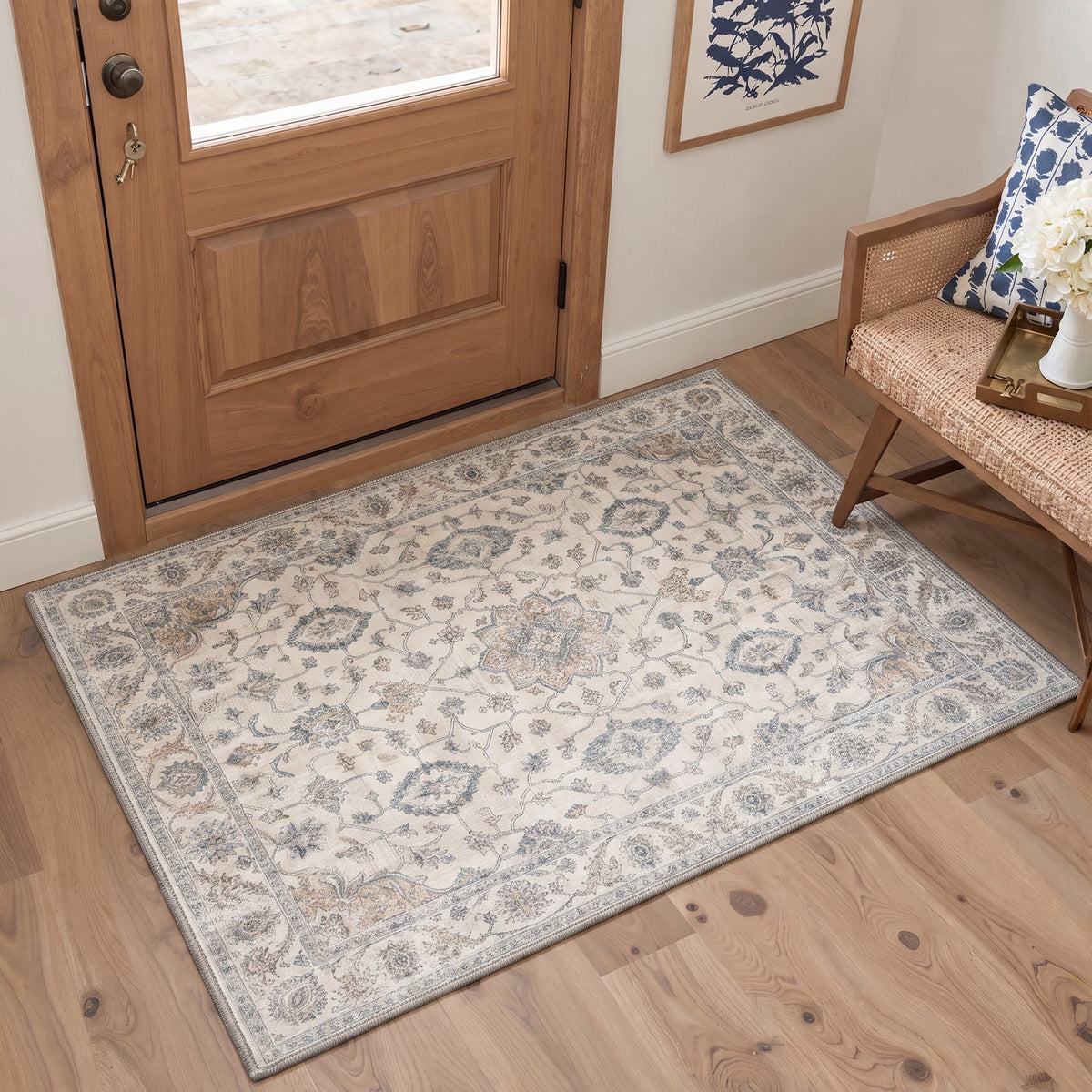 GENIMO 2'x3' Area Rug, Machine Washable Non Slip Low Pile Rug for Entryway Kitchen Bathroom Front Door, Distressed Persian, Dusty Ivory