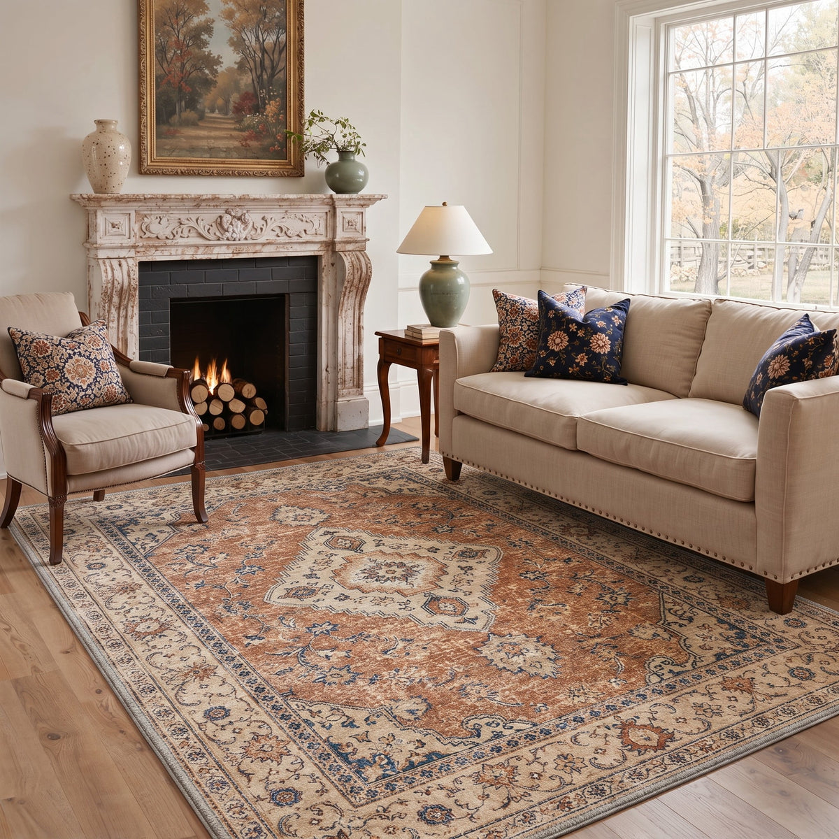 GENIMO 5'x7' Area Rug for Living Room, Machine Washable Non Slip Low Pile Rug for Bedroom Dining Room, Modern Persian Diamond, Rust Ivory