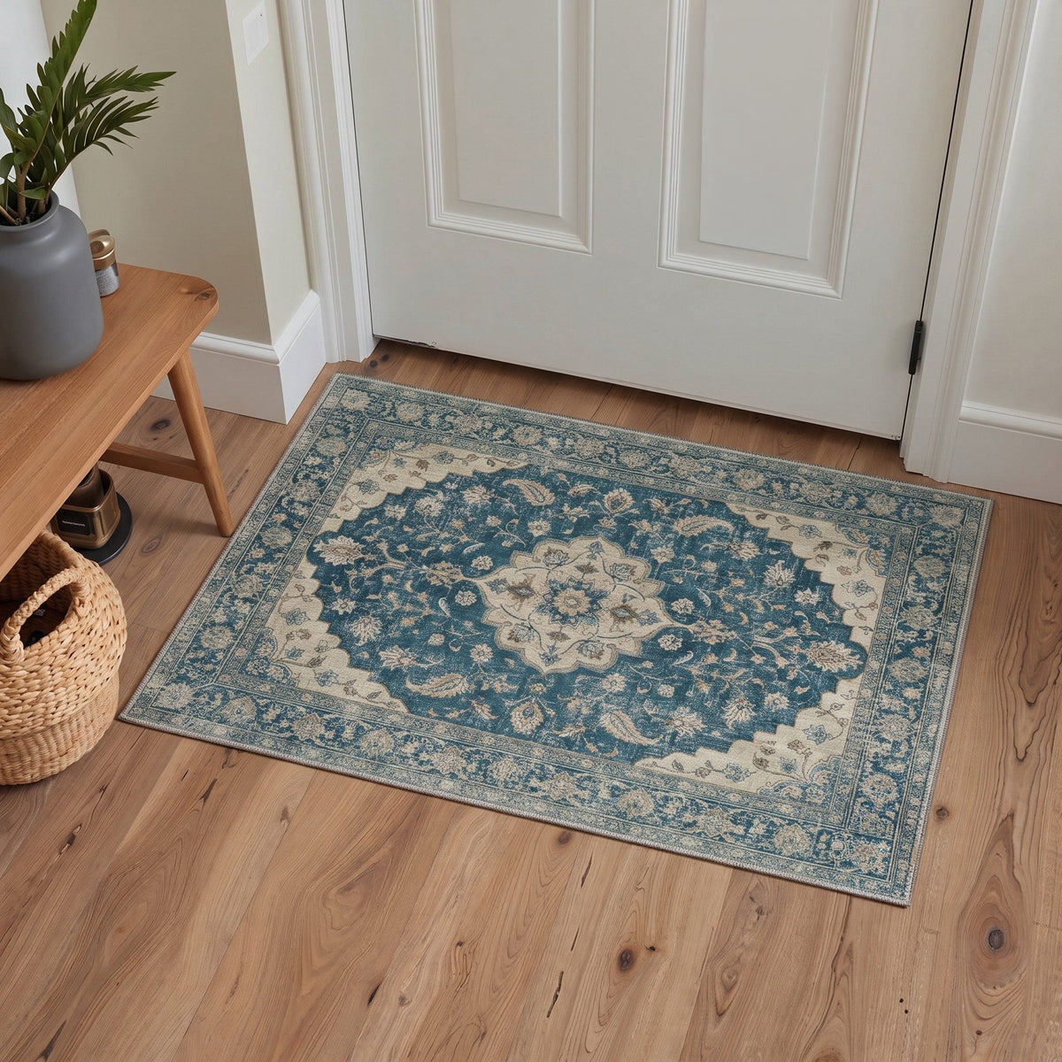 GENIMO 2'x3' Area Rug for Entryway, Machine Washable Non Slip Low Pile Indoor Door Mat for Front Door Kitchen Bathroom, Distressed Persian Diamond, Dusty Teal